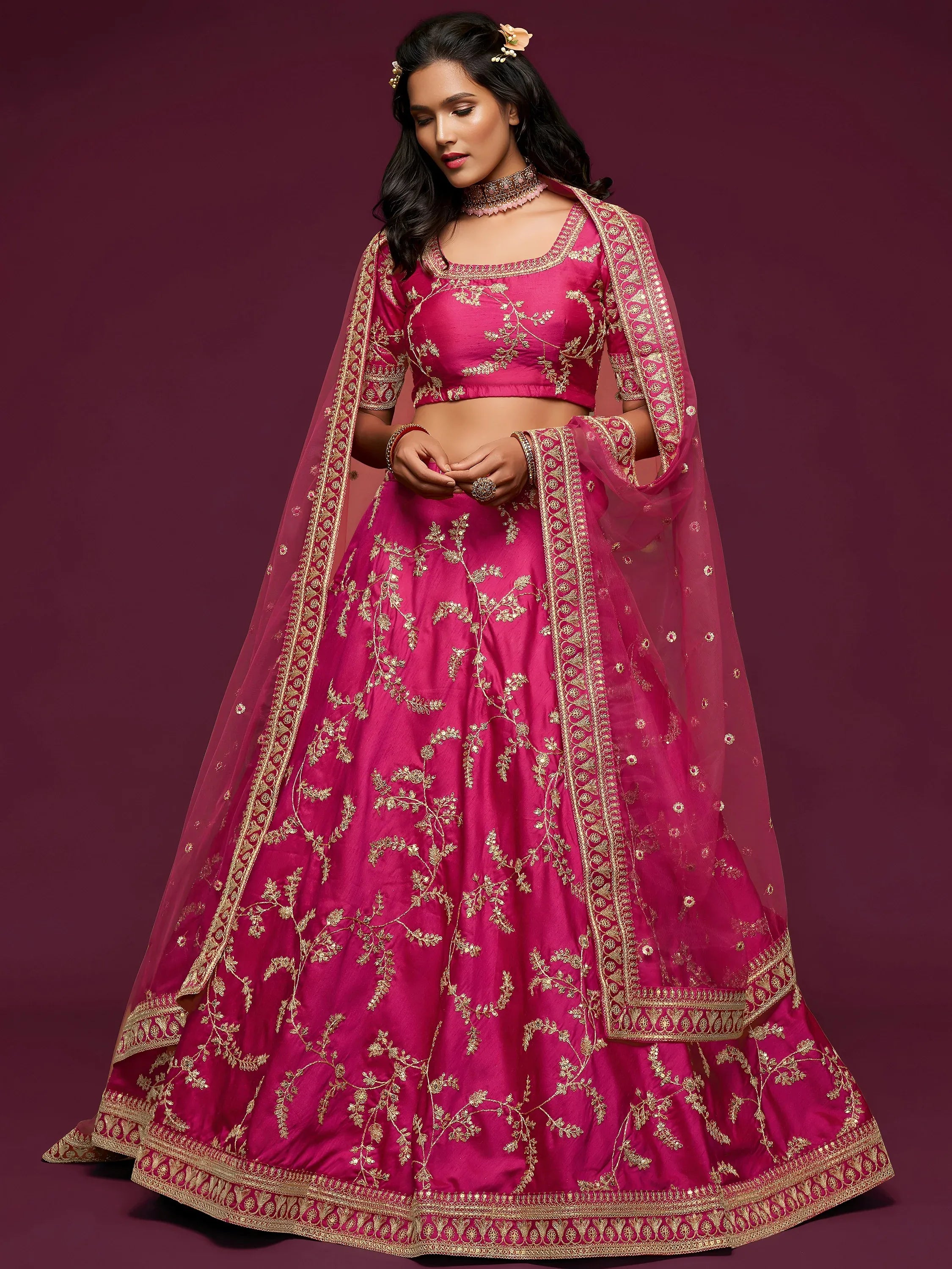 Pink Thread Embroidery Art Silk Wedding Wear Lehenga Choli