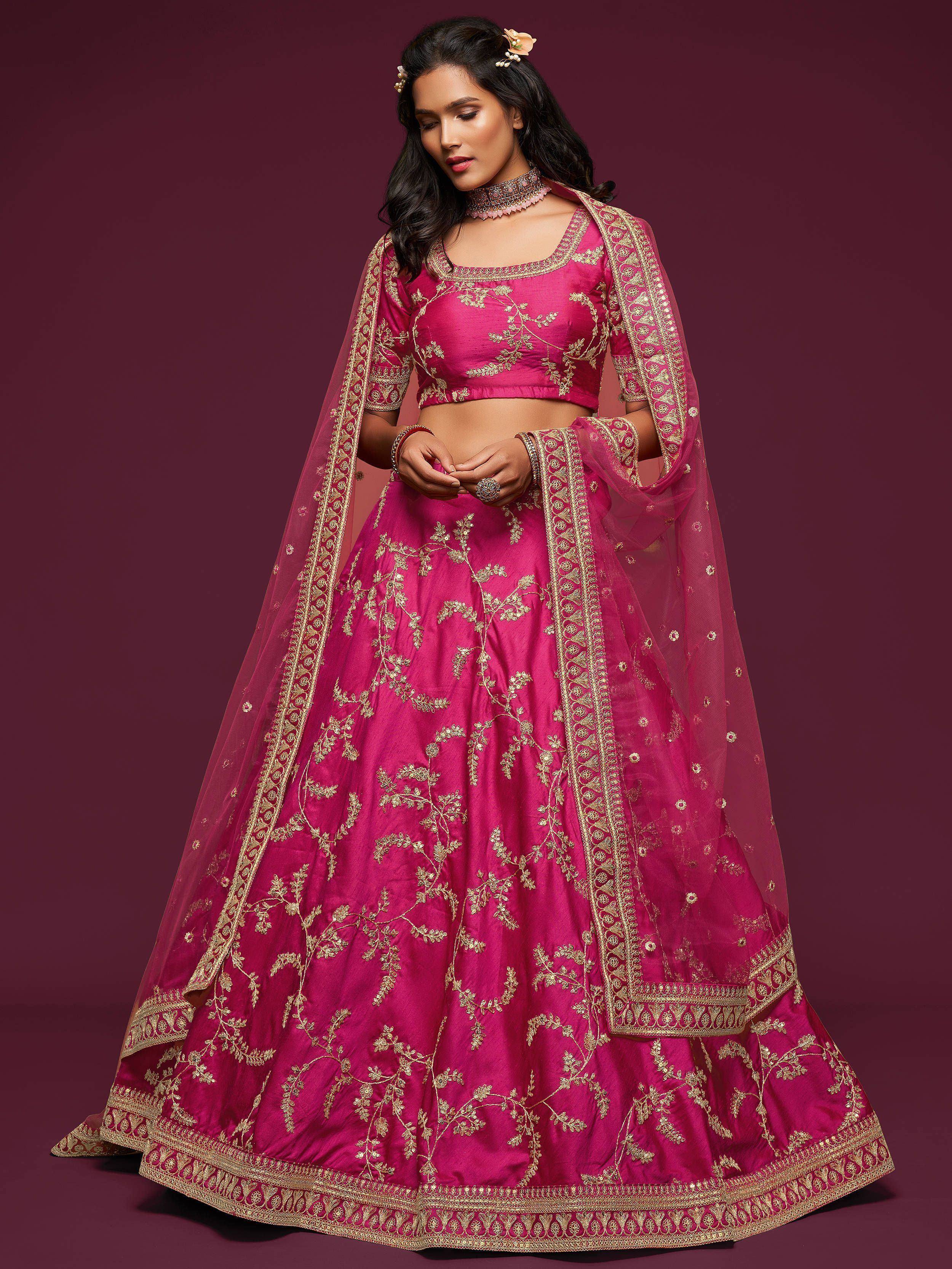 Pink Thread Embroidery Art Silk Wedding Wear Lehenga Choli