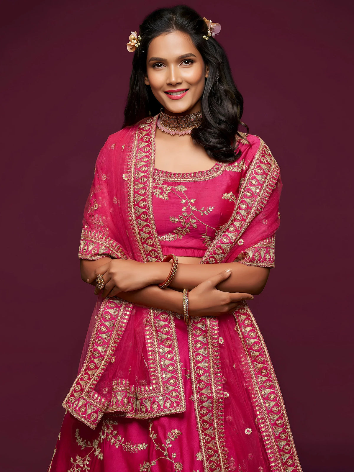 Pink Thread Embroidery Art Silk Wedding Wear Lehenga Choli