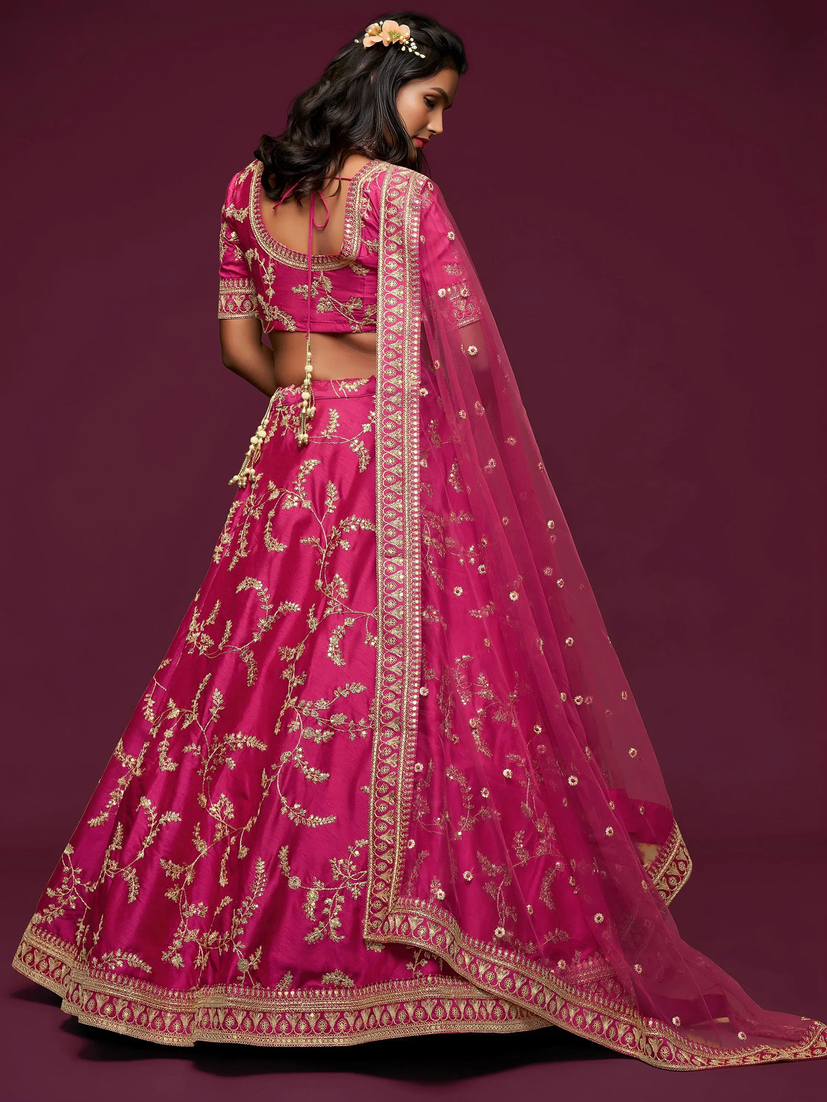 Pink Thread Embroidery Art Silk Wedding Wear Lehenga Choli