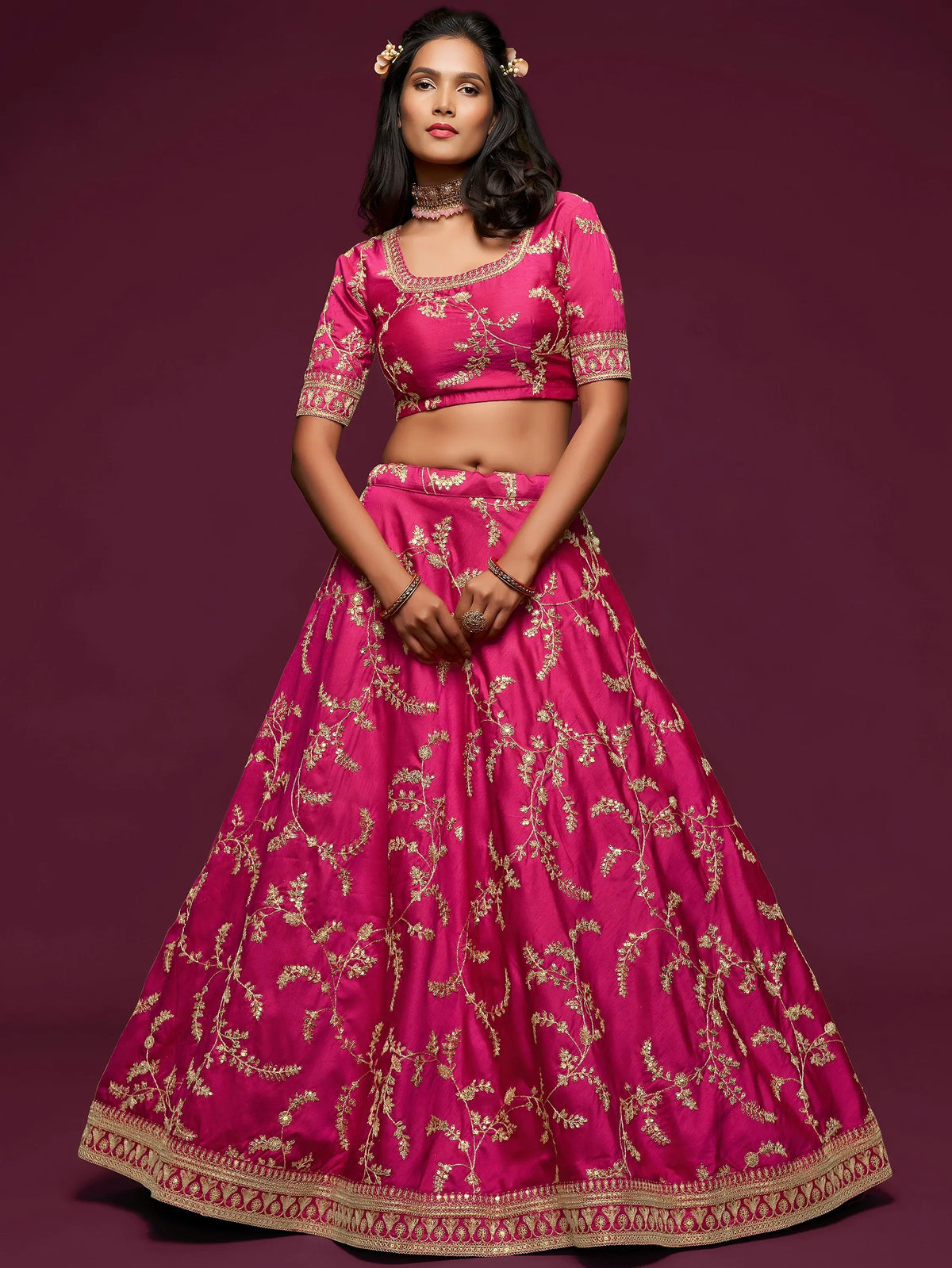 Pink Thread Embroidery Art Silk Wedding Wear Lehenga Choli