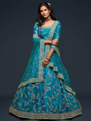 Teal Blue Thread Embroidery Art Silk Wedding Wear Lehenga Choli