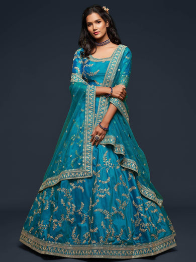 Teal Blue Thread Embroidery Art Silk Wedding Wear Lehenga Choli