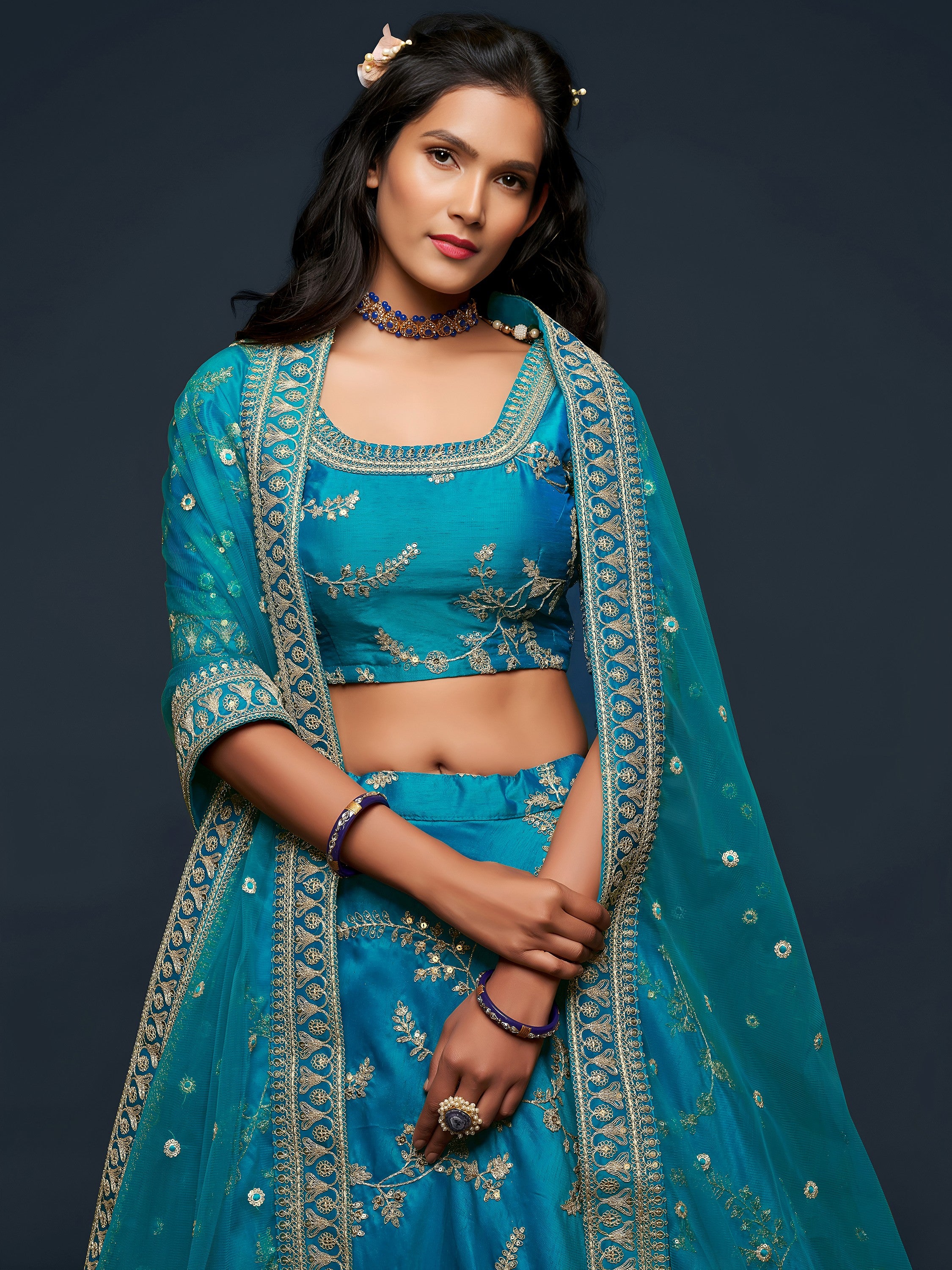 Teal Blue Thread Embroidery Art Silk Wedding Wear Lehenga Choli