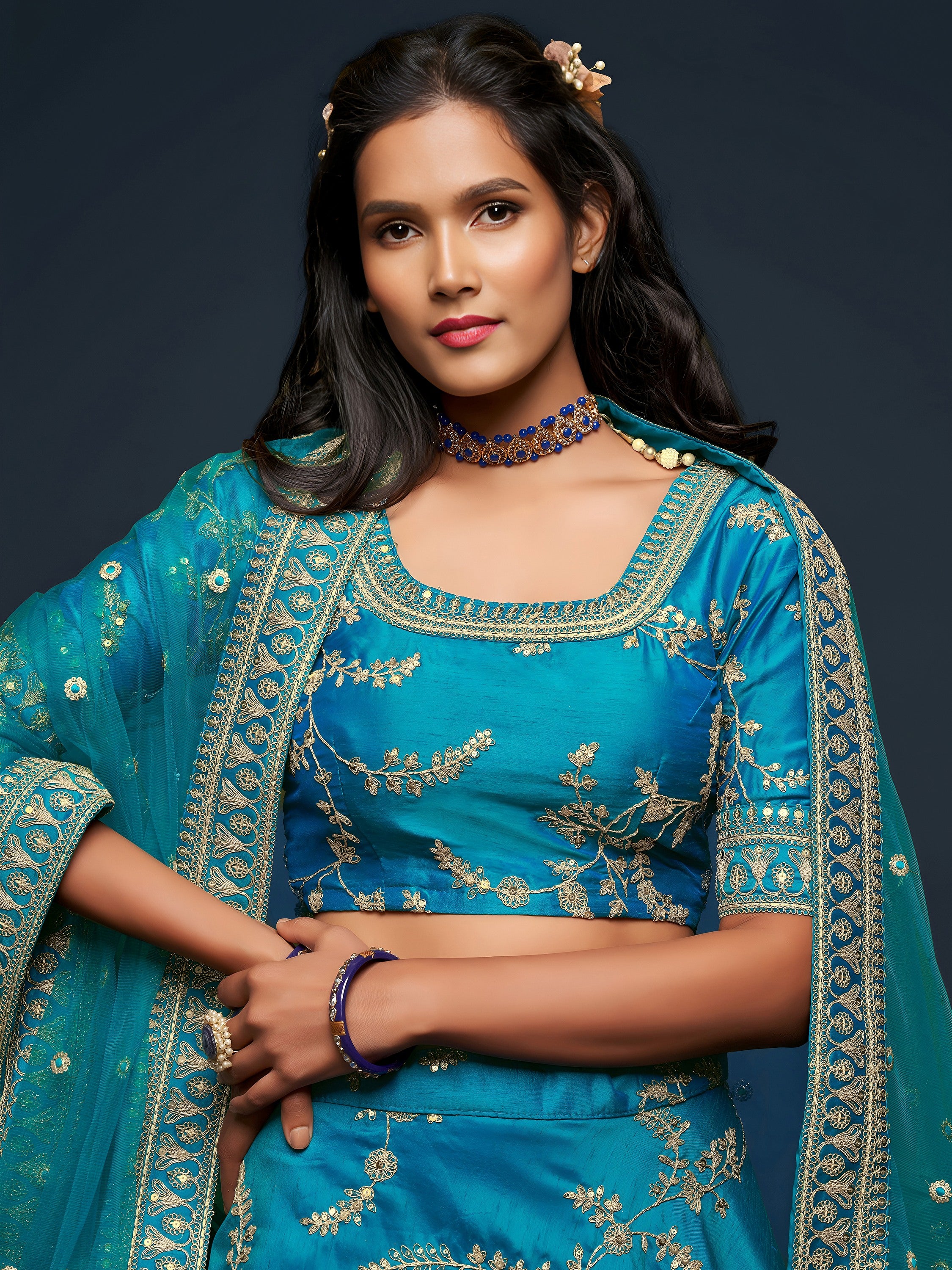 Teal Blue Thread Embroidery Art Silk Wedding Wear Lehenga Choli