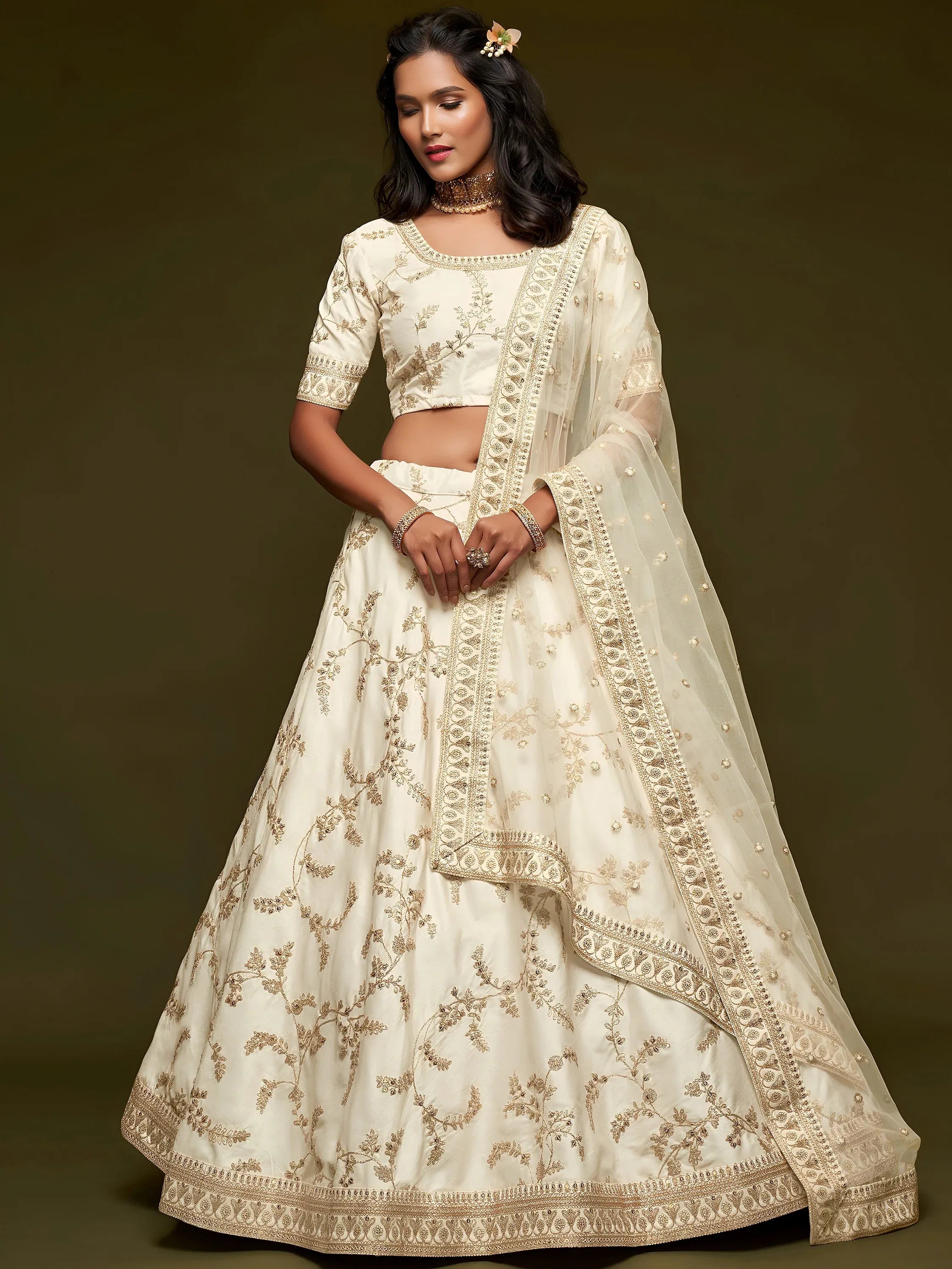 White Thread Embroidery Art Silk Wedding Wear Lehenga Choli