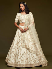 White Thread Embroidery Art Silk Wedding Wear Lehenga Choli