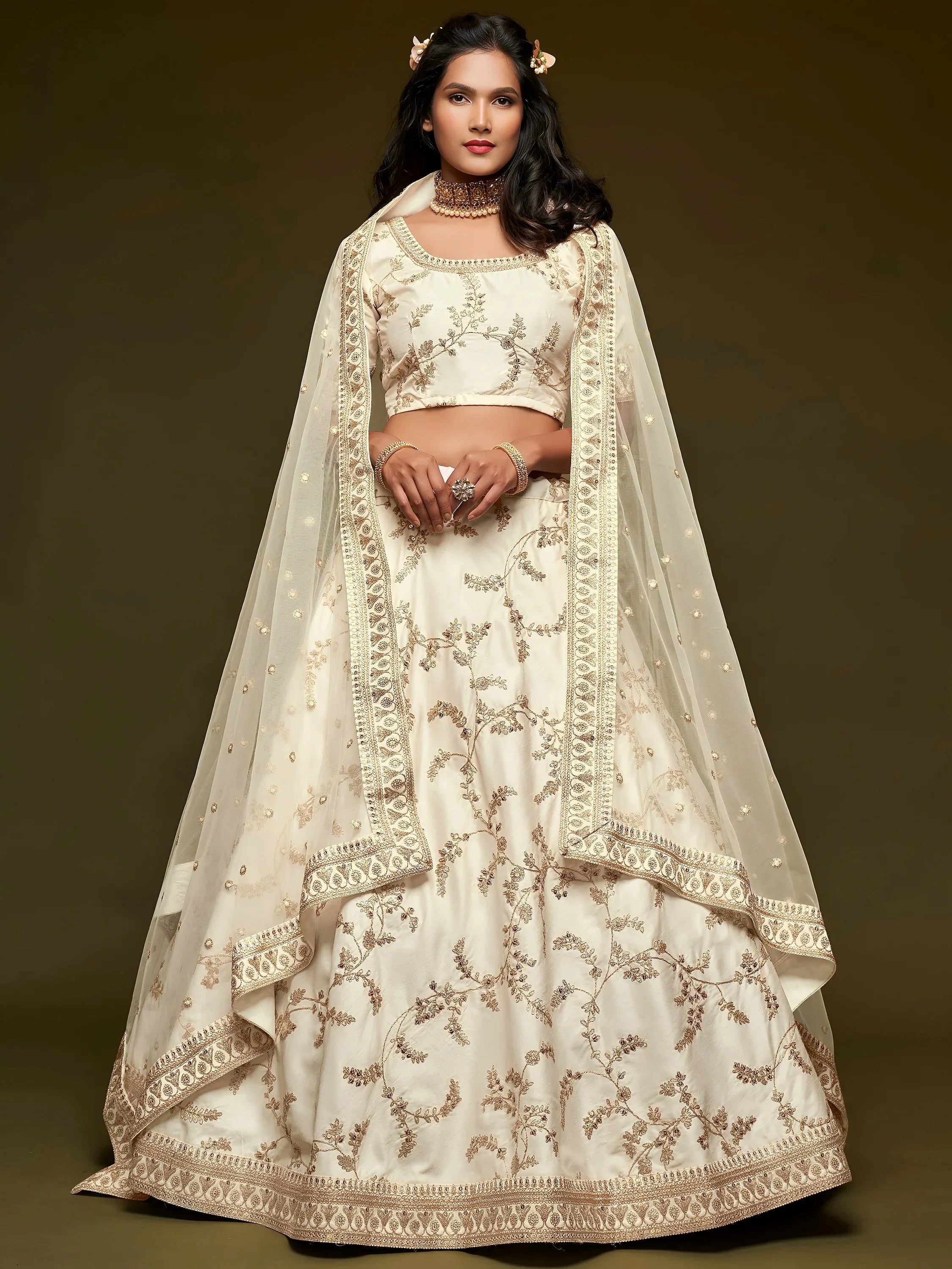 White Thread Embroidery Art Silk Wedding Wear Lehenga Choli