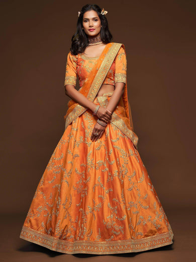 Orange Thread Embroidery Art Silk Wedding Wear Lehenga Choli