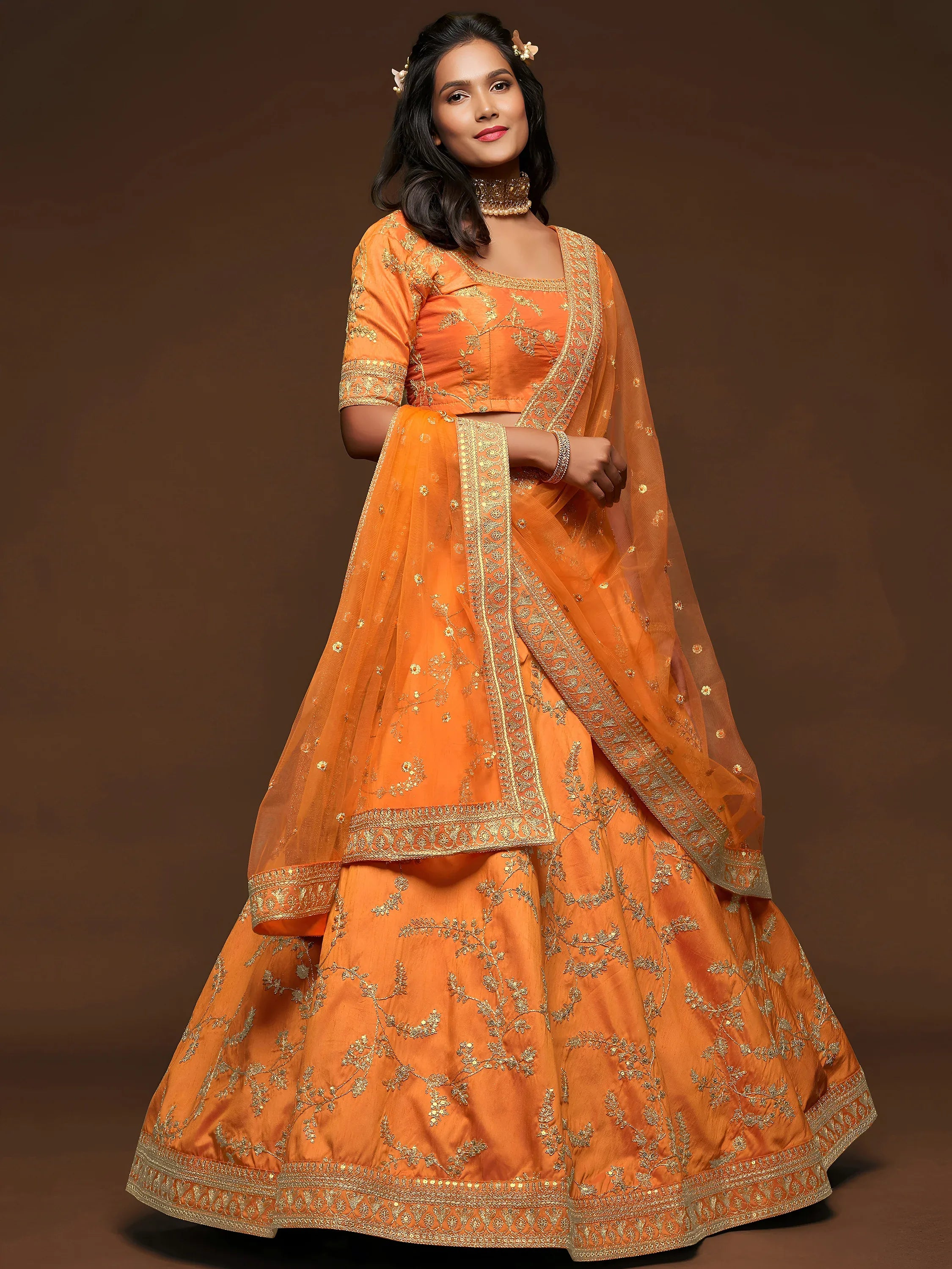 Orange Thread Embroidery Art Silk Wedding Wear Lehenga Choli