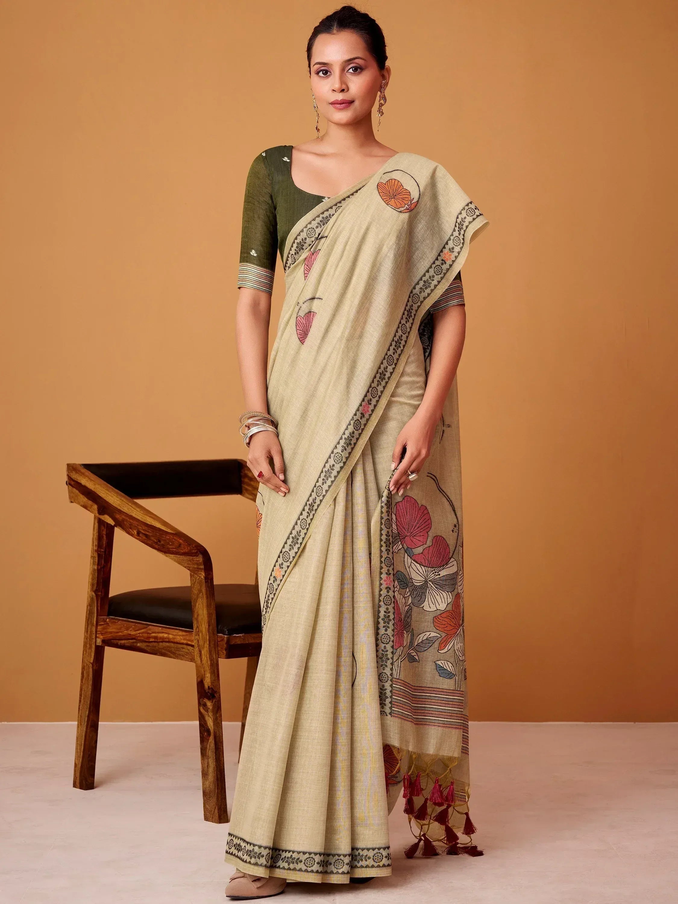 Beige floral printed saree with green blouse, ethnic Indian wear for women