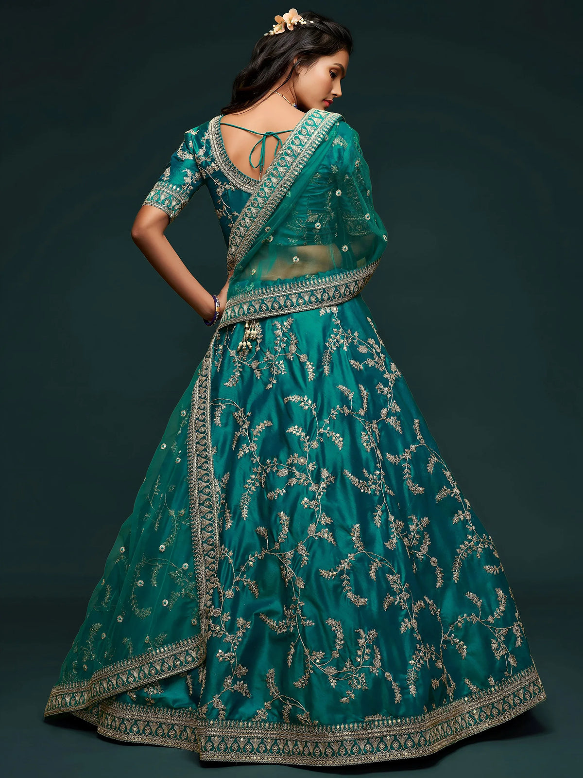 Green Thread Embroidery Art Silk Wedding Wear Lehenga Choli