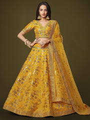 Fascinating Yellow Sequins Embroidery Slub Silk Lehenga Choli