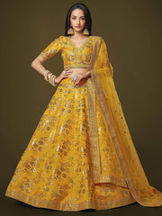 Fascinating Yellow Sequins Embroidery Slub Silk Lehenga Choli
