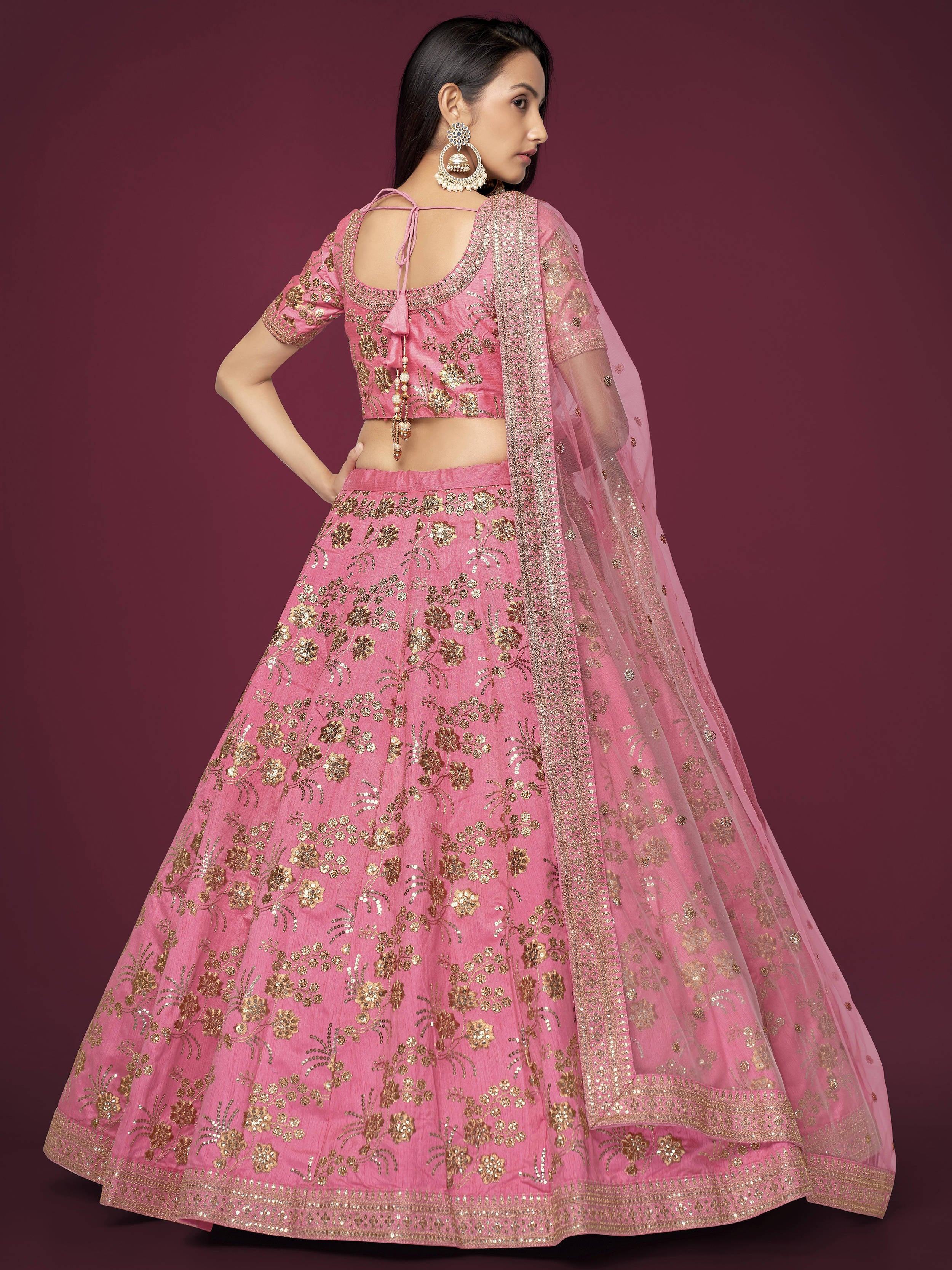Marvelous Pink Sequins Work Slub Silk Wedding Wear Lehenga Choli