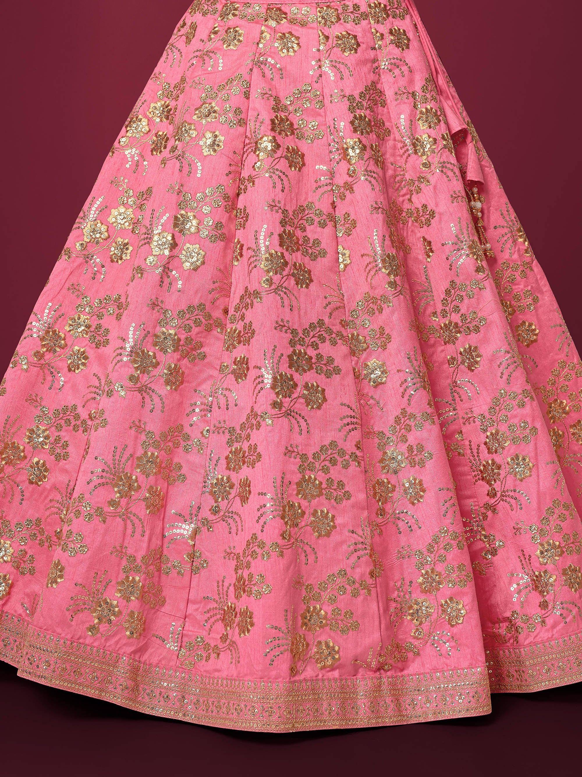 Pink lehenga skirt with gold floral embroidery and sequin detailing, Indian ethnic wear