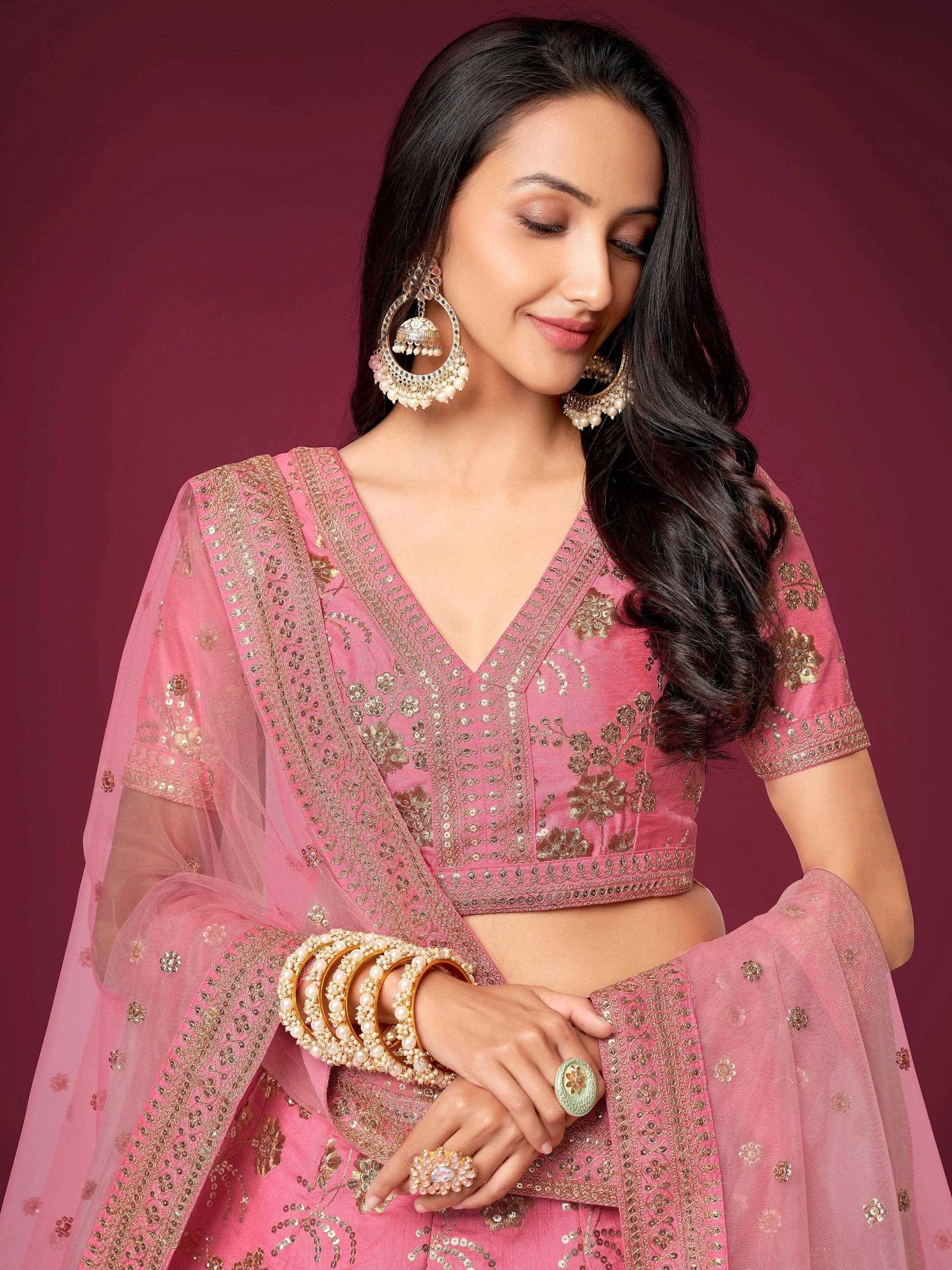 Charming Pink Sequins Silk Festival Wear Plus Size Lehenga Choli