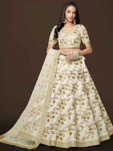 Alluring White Zari Work Engagement Wear Slub Silk Lehenga Choli