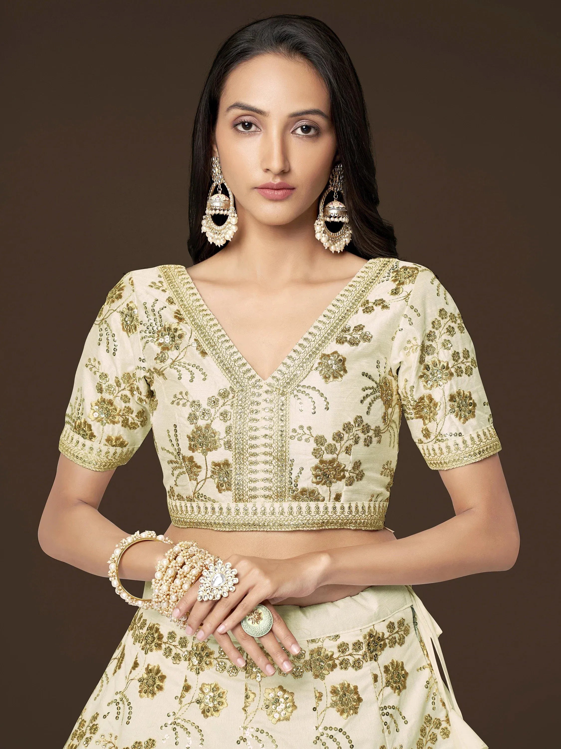 Fashionable Cream Sequins Silk Bridesmaid Plus Size Lehenga Choli