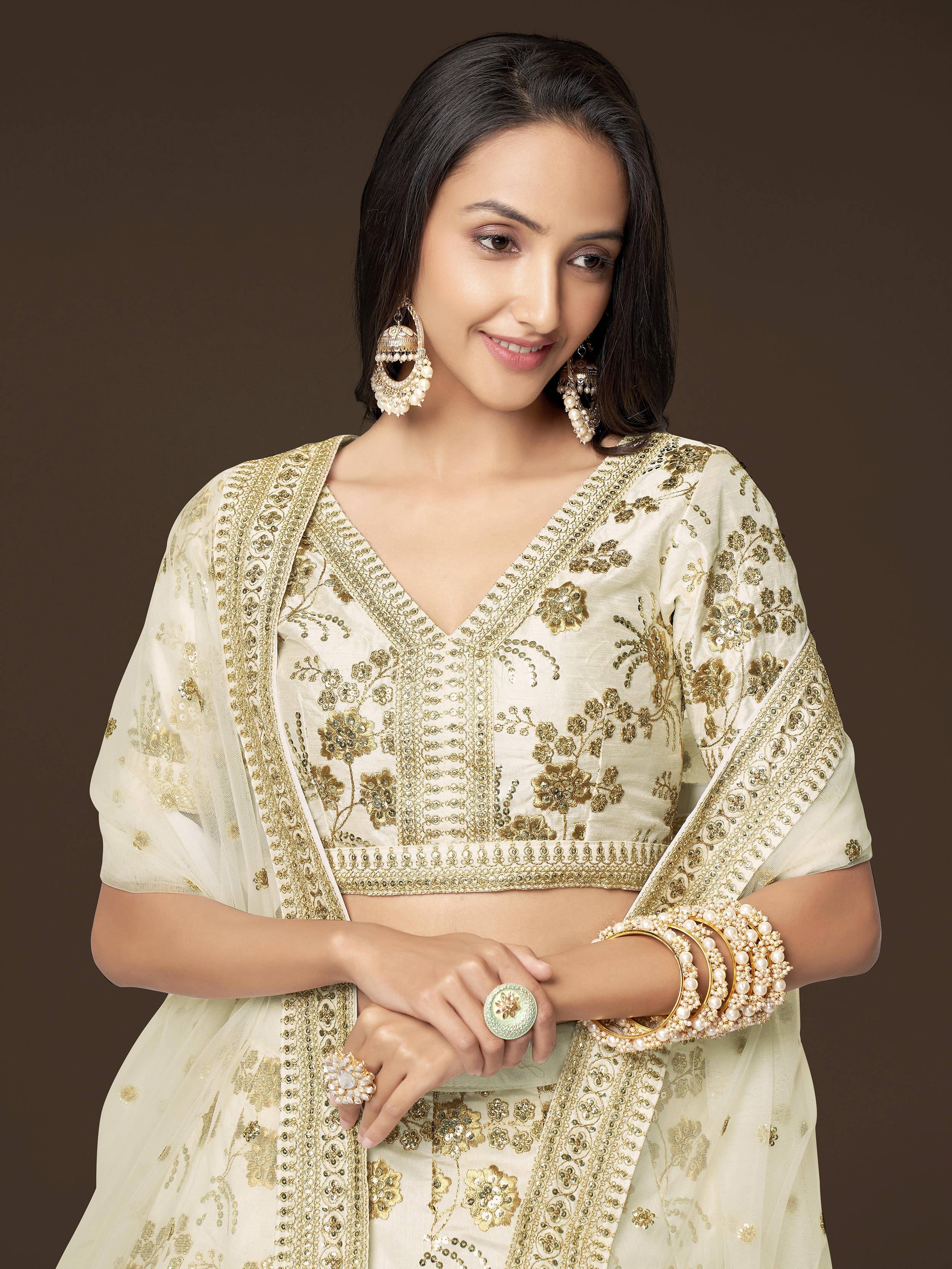 Alluring White Zari Work Engagement Wear Slub Silk Lehenga Choli