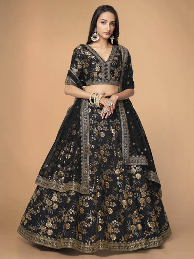 Magnetic Black Sequins Work Slub Silk Reception Wear Lehenga Choli