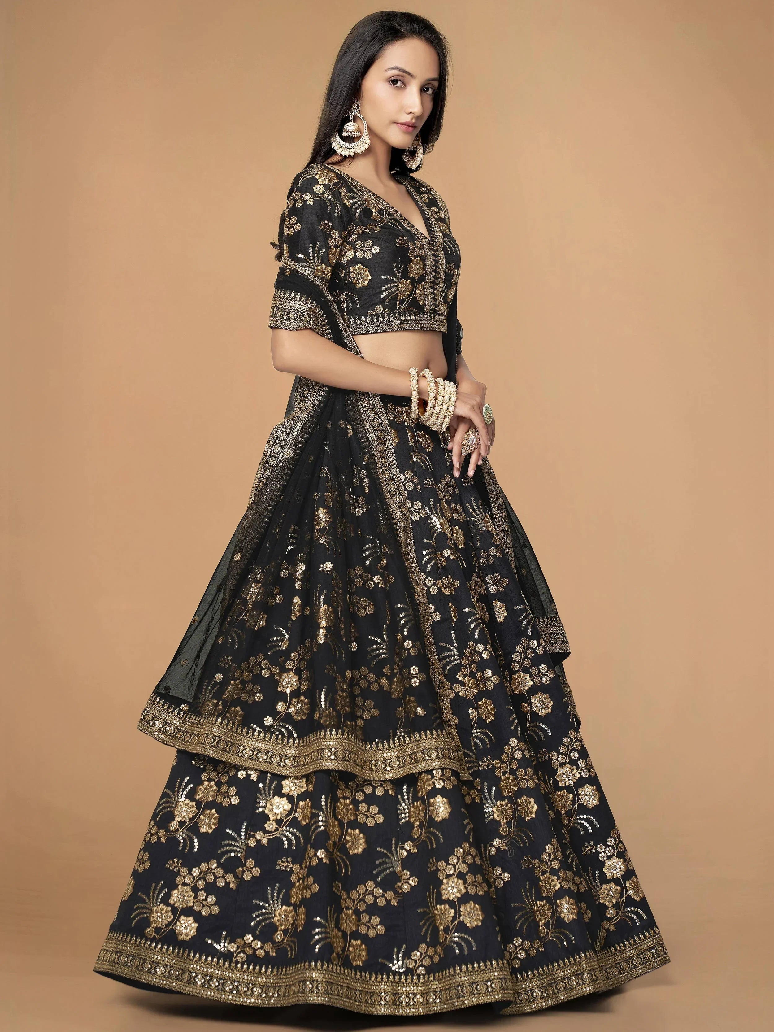 Magnetic Black Sequins Work Slub Silk Reception Wear Lehenga Choli