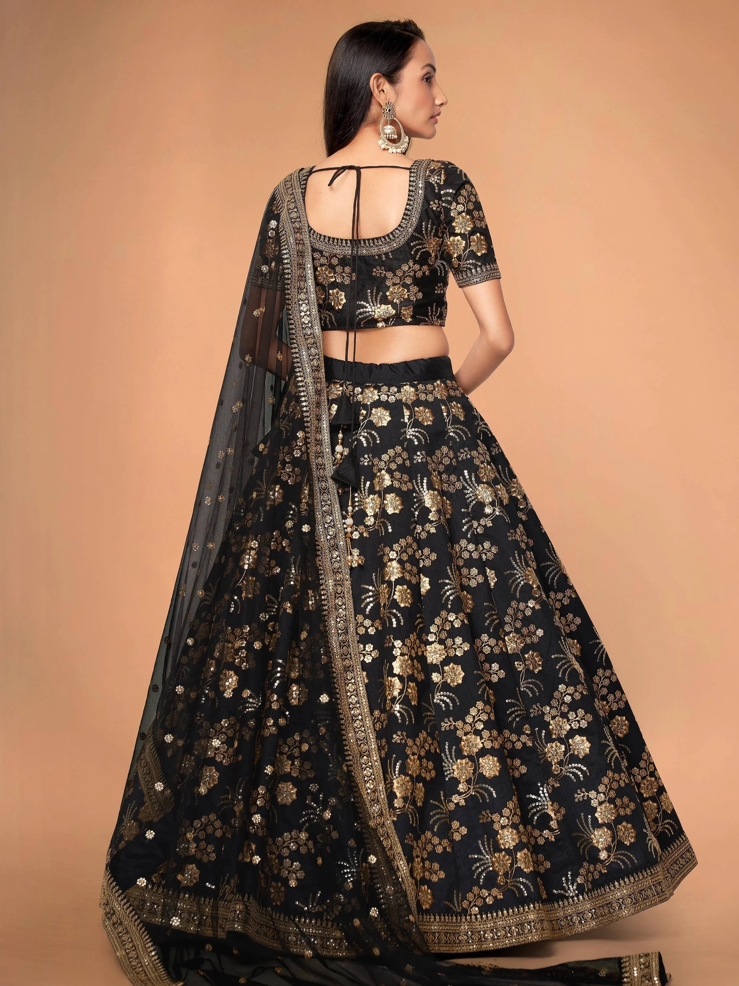 Magnetic Black Sequins Work Slub Silk Reception Wear Lehenga Choli