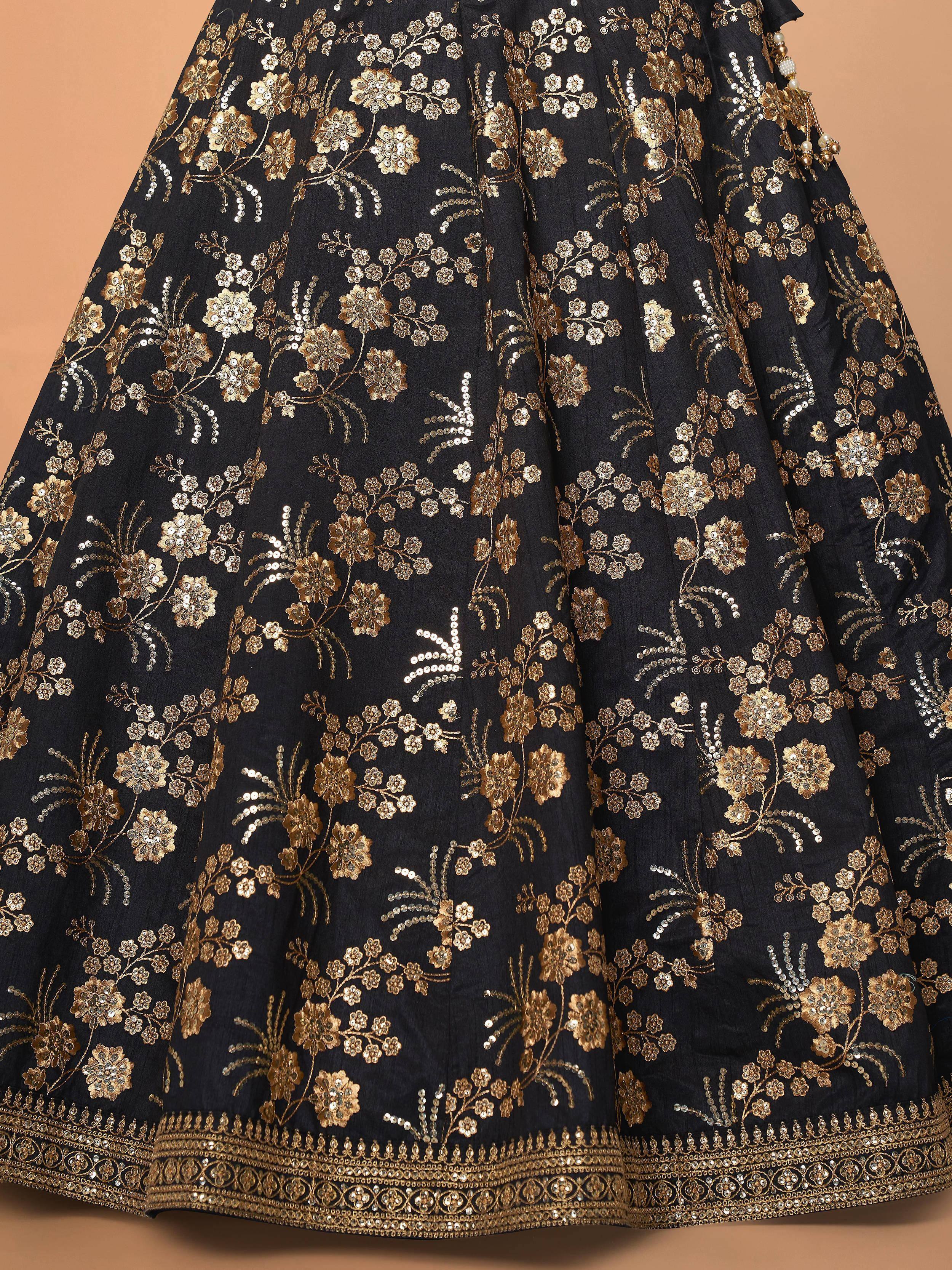 Black lehenga with gold floral embroidery and sequin work, Indian ethnic wear