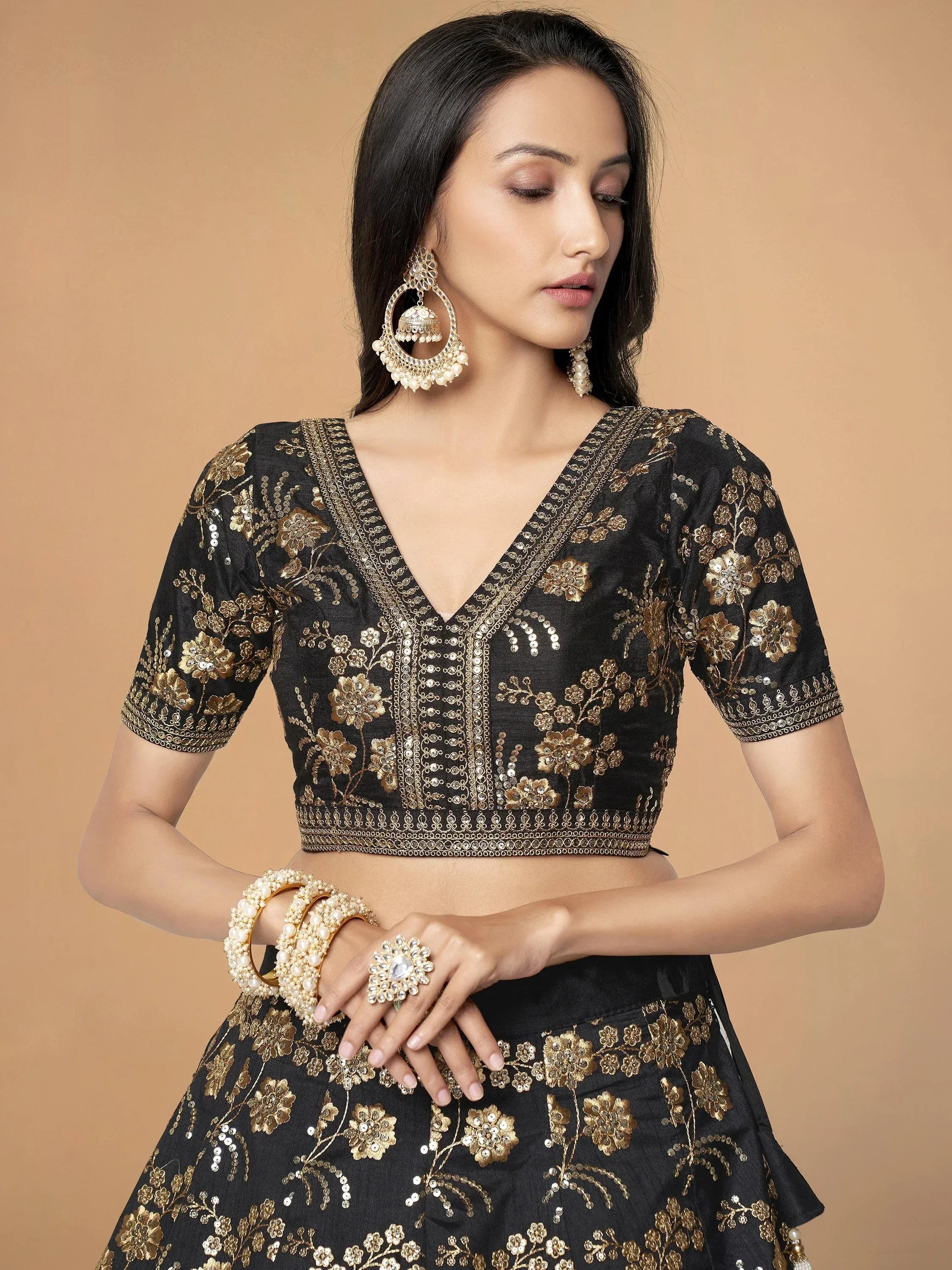 Impressive Black Embroidered Silk Function Wear Plus Size Lehenga Choli