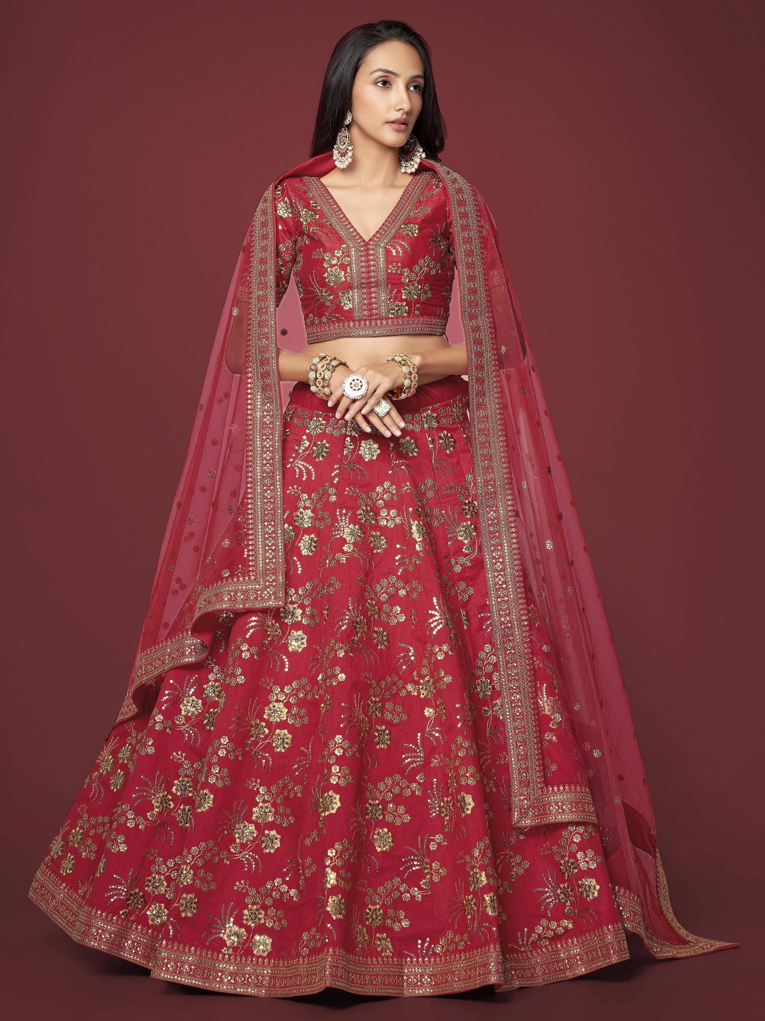 Red designer lehenga choli with gold floral embroidery and matching dupatta for Indian ethnic wear