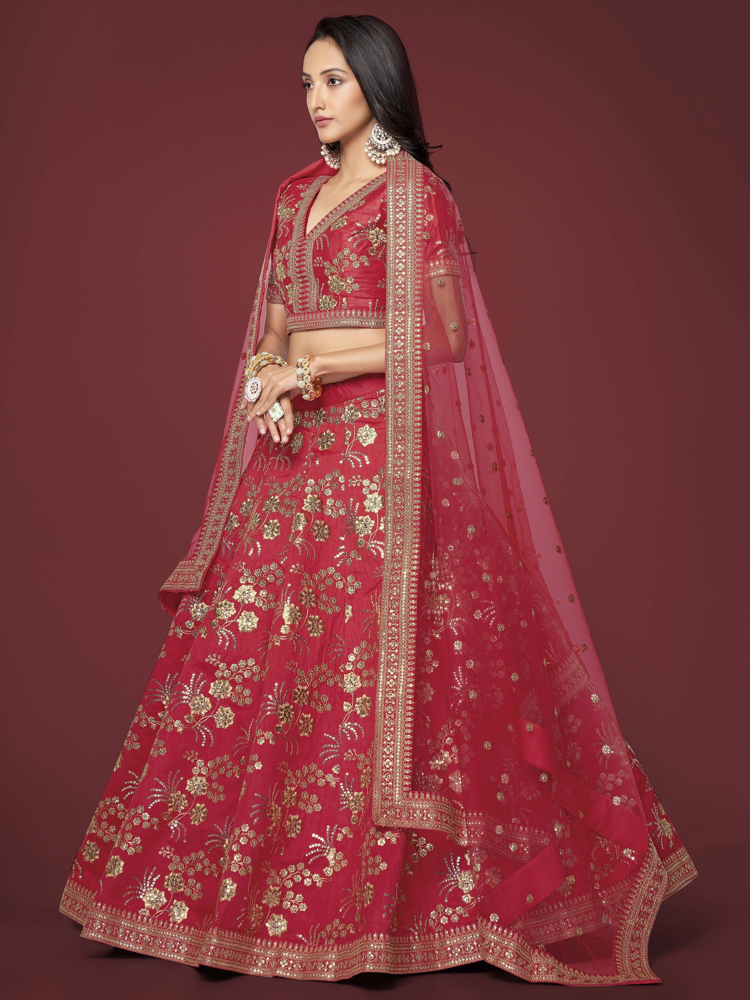 Bewitching Red Zari Work Slub Silk Wedding Wear Lehenga Choli