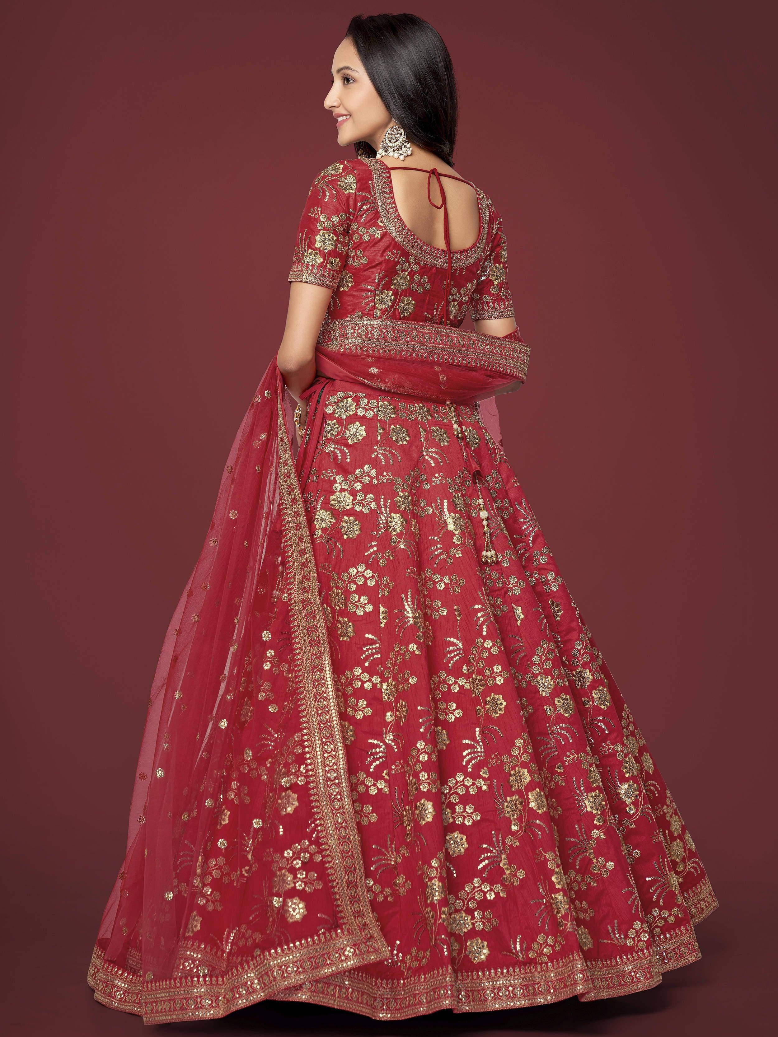 Bewitching Red Zari Work Slub Silk Wedding Wear Lehenga Choli