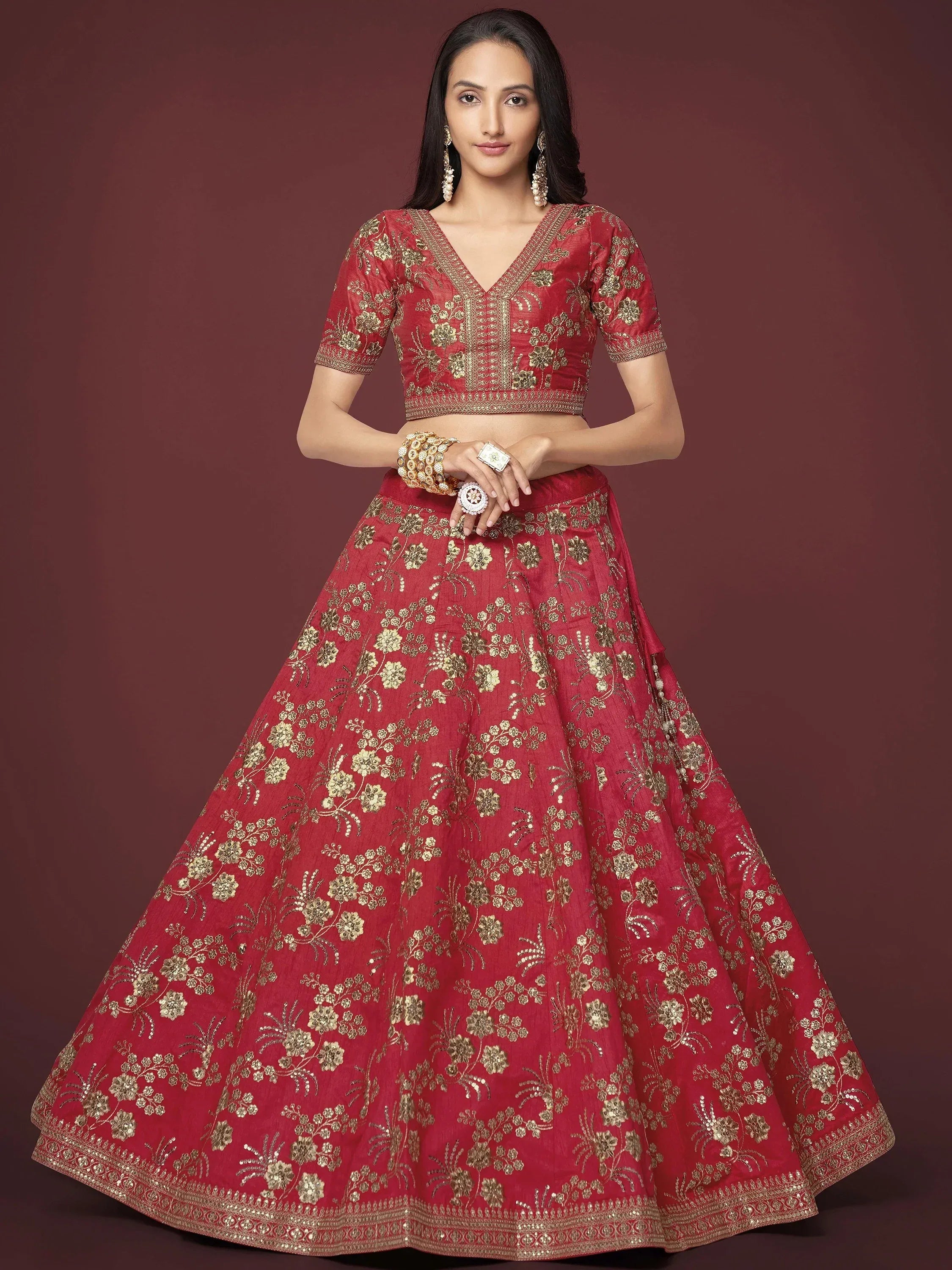 Attractive Maroon Embroidered Silk Designer Plus Size Lehenga Choli