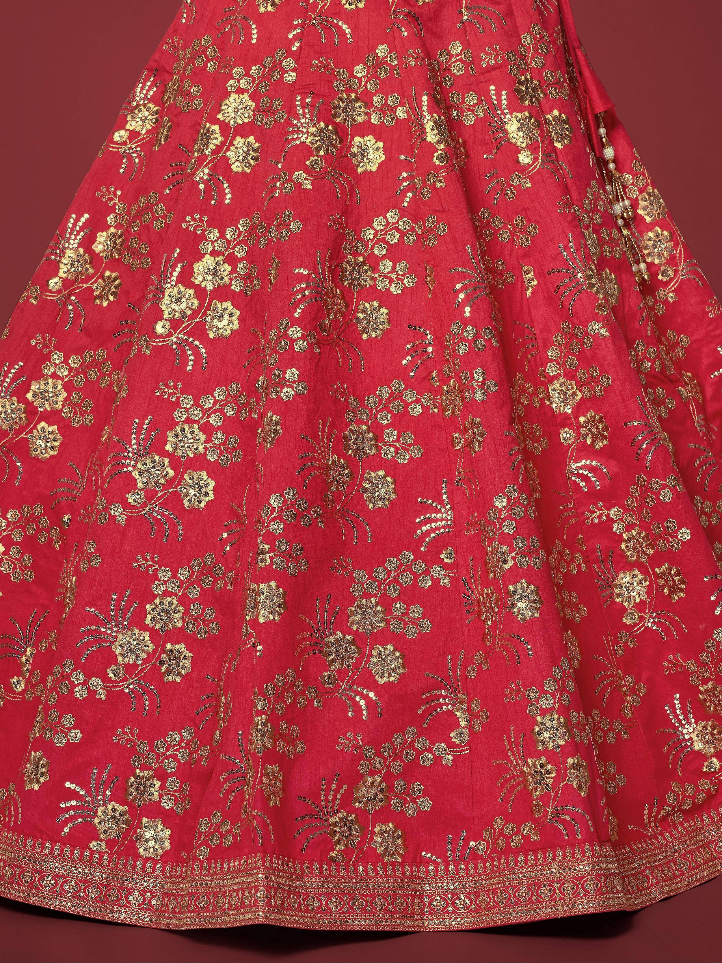 Red lehenga with gold floral embroidery and sequin detailing, perfect for Indian ethnic wear occasions.