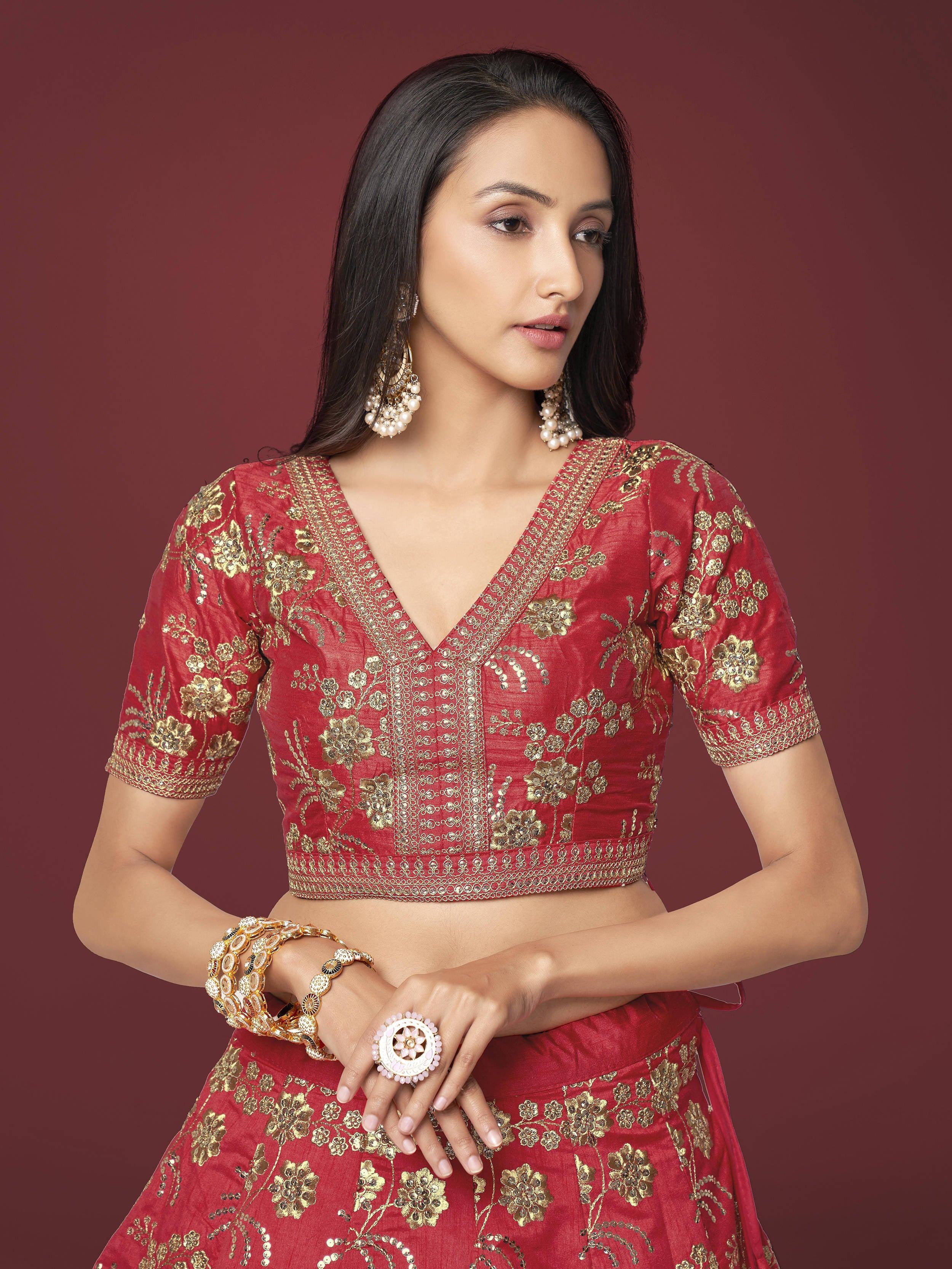Bewitching Red Zari Work Slub Silk Wedding Wear Lehenga Choli