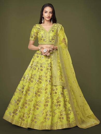 Prodigious Neon Green Sequins Work lehenga Choli With Dupatta