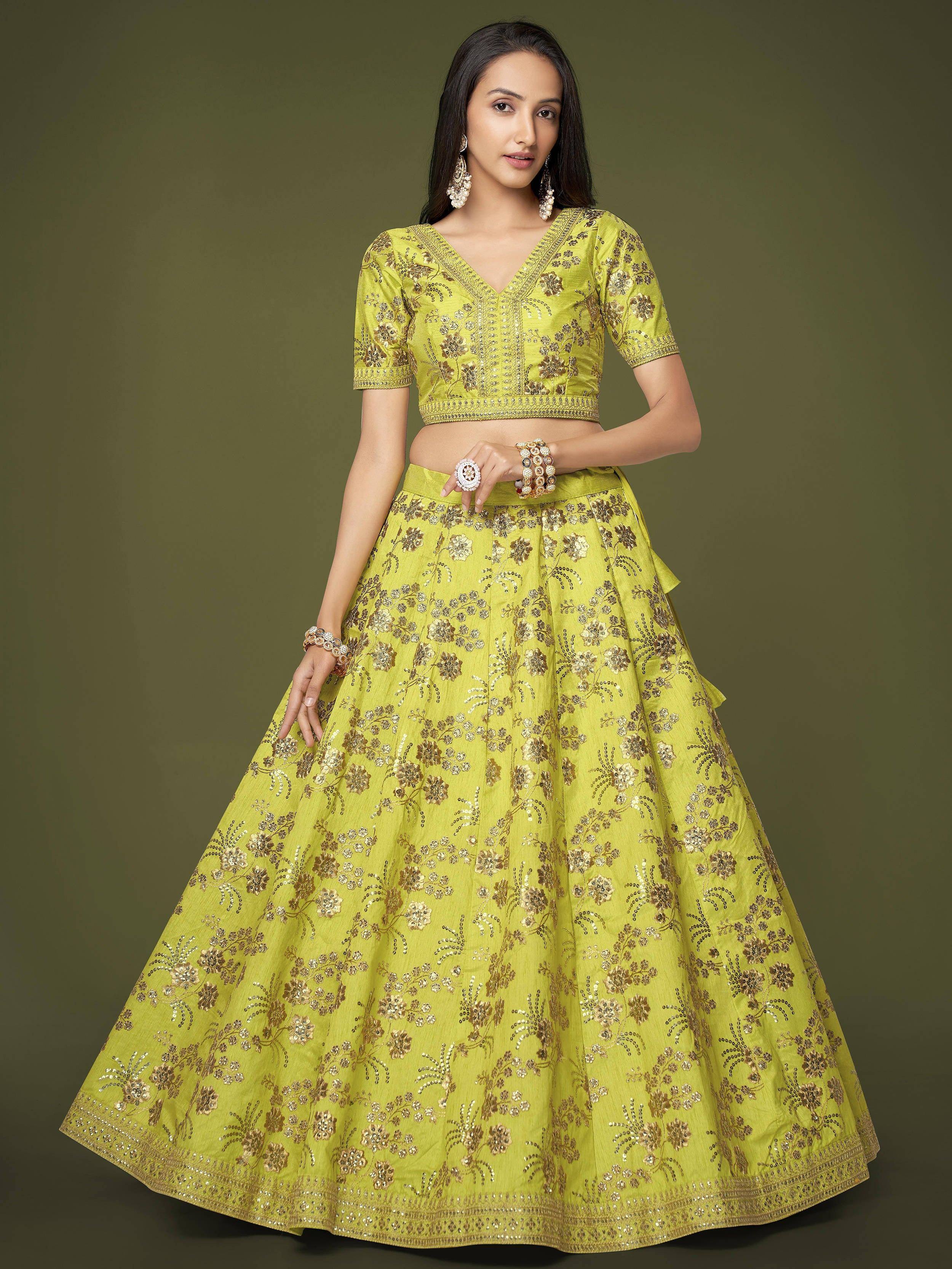 Lime green embroidered lehenga choli with gold floral work, perfect for Indian ethnic occasions