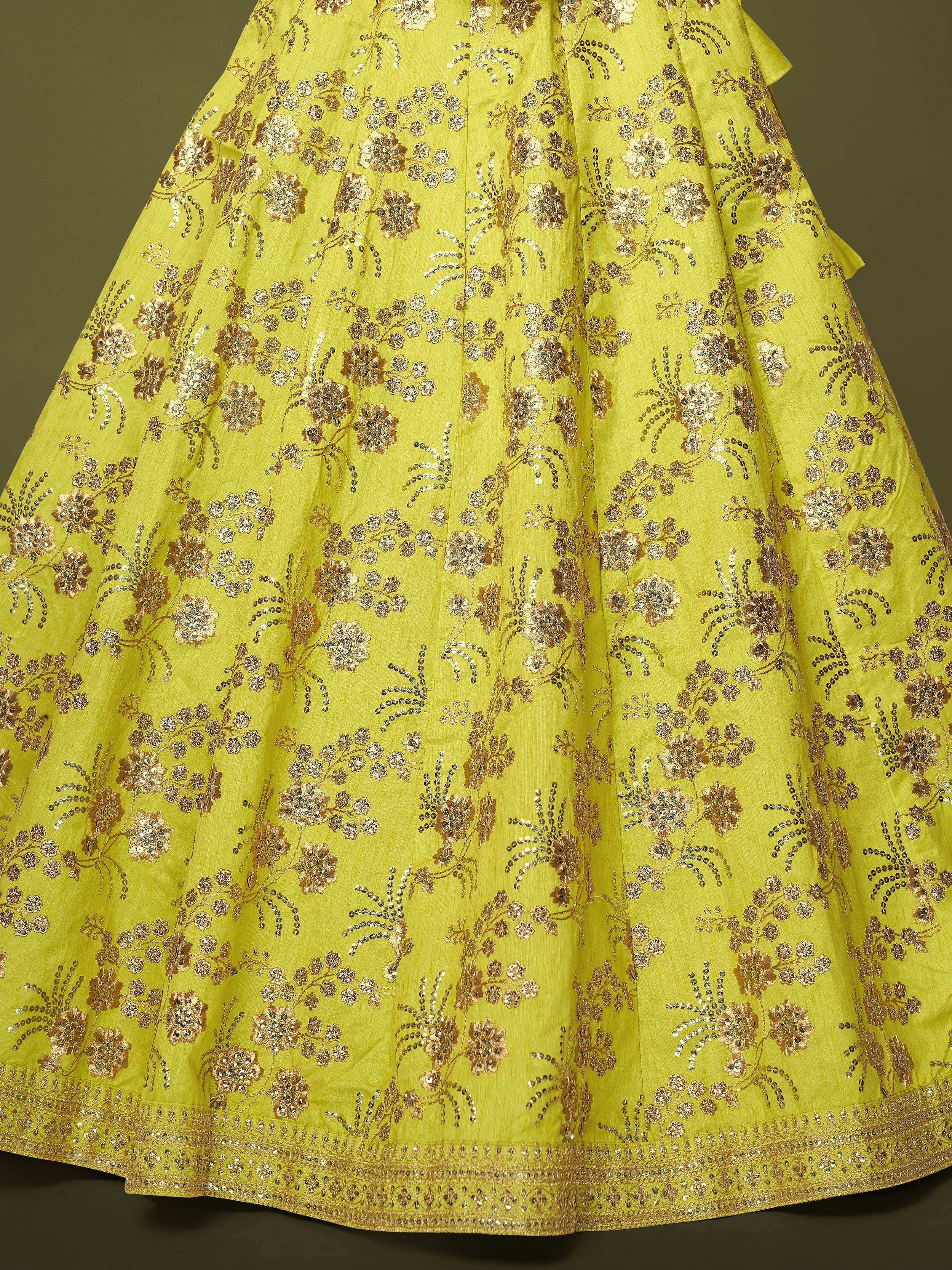 Lime green lehenga with gold floral embroidery and sequin detailing, Indian ethnic wear