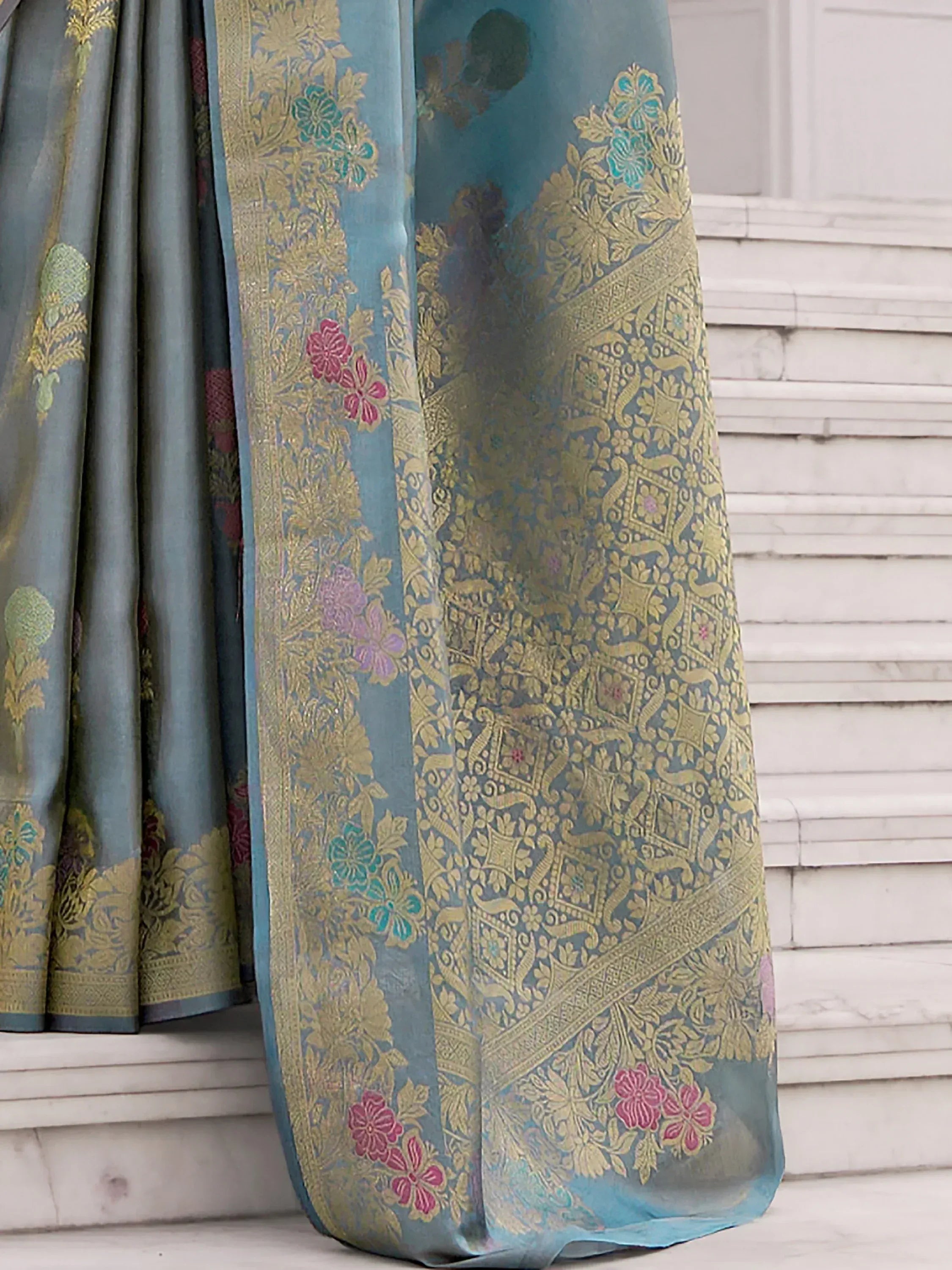 Elegant Blue Zari Weaving Silk Wedding Wear Saree With Blouse