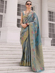 Elegant Blue Zari Weaving Silk Wedding Wear Saree With Blouse