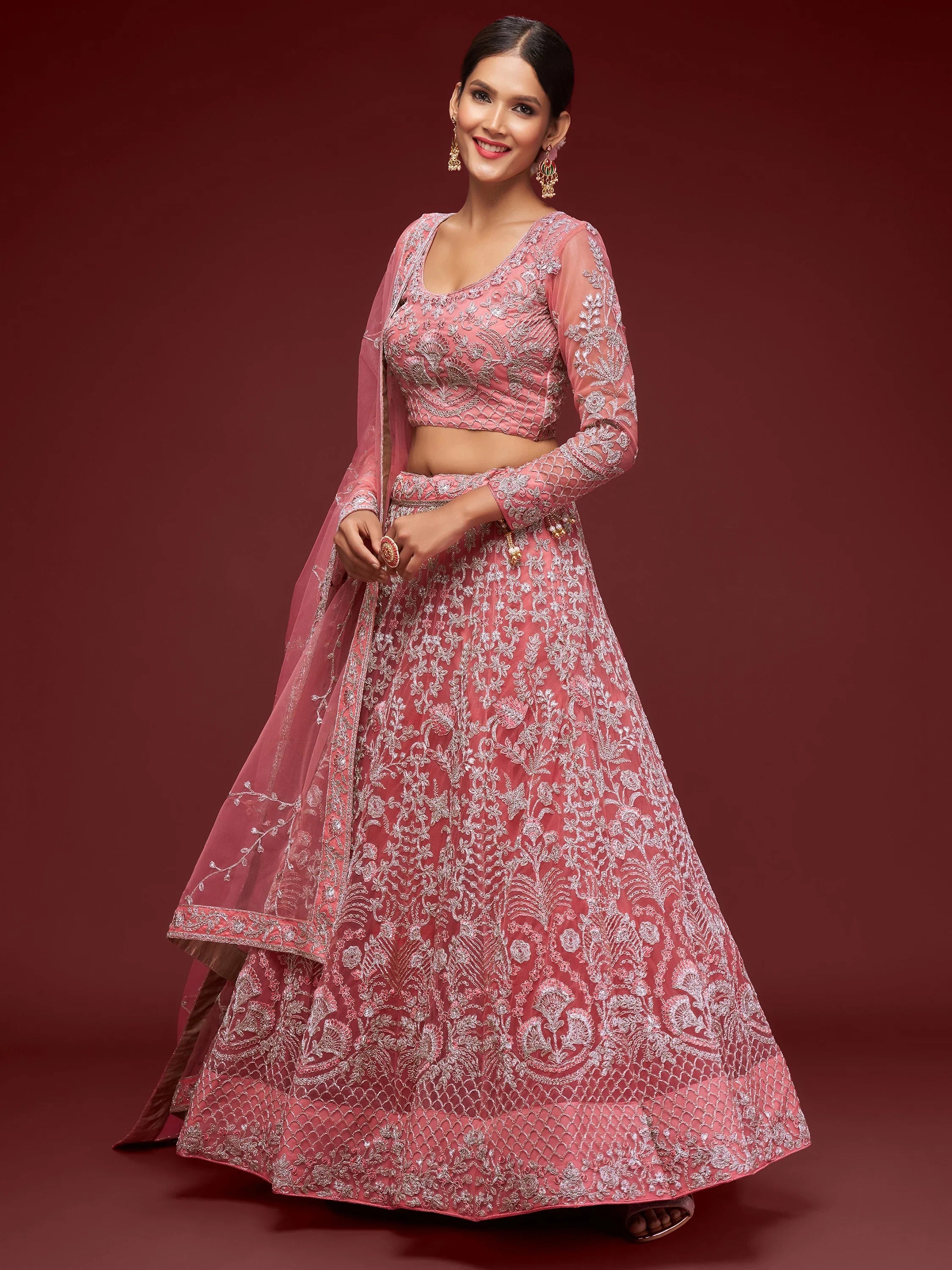 Gorgeous Pink Embroidered Net Reception Wear Plus Size Lehenga Choli