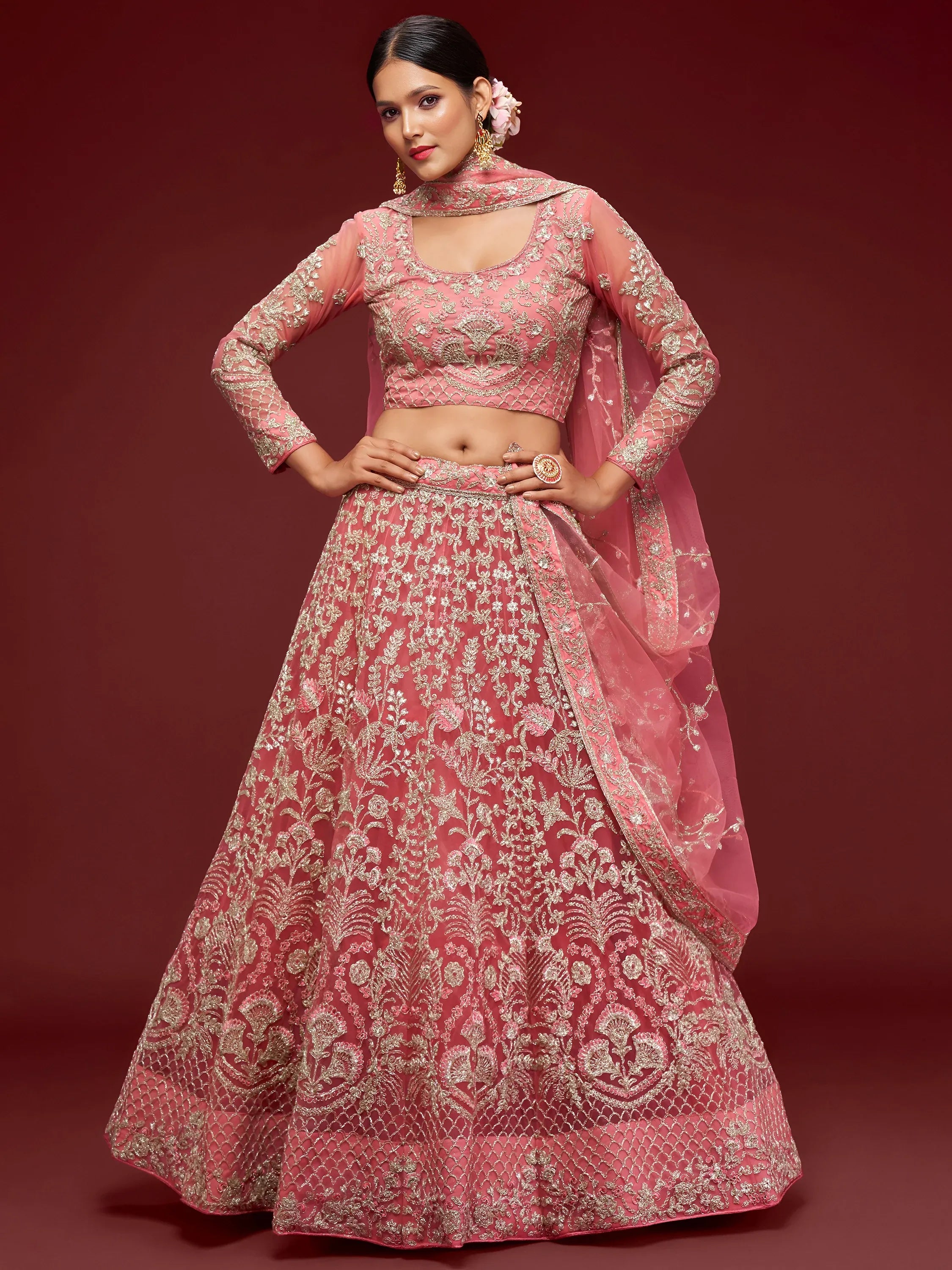 Alluring Pink Dori Work Soft Net Ceremony Wear Lehenga Choli