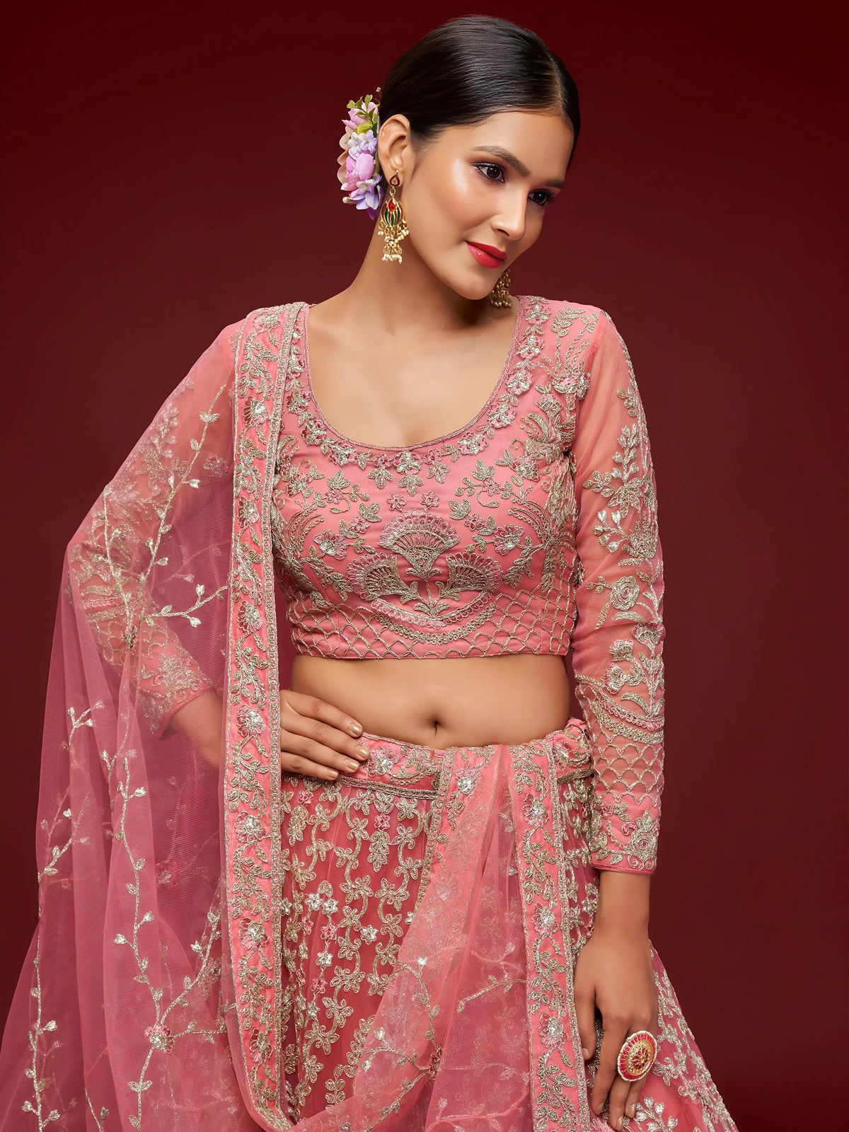 Alluring Pink Dori Work Soft Net Ceremony Wear Lehenga Choli