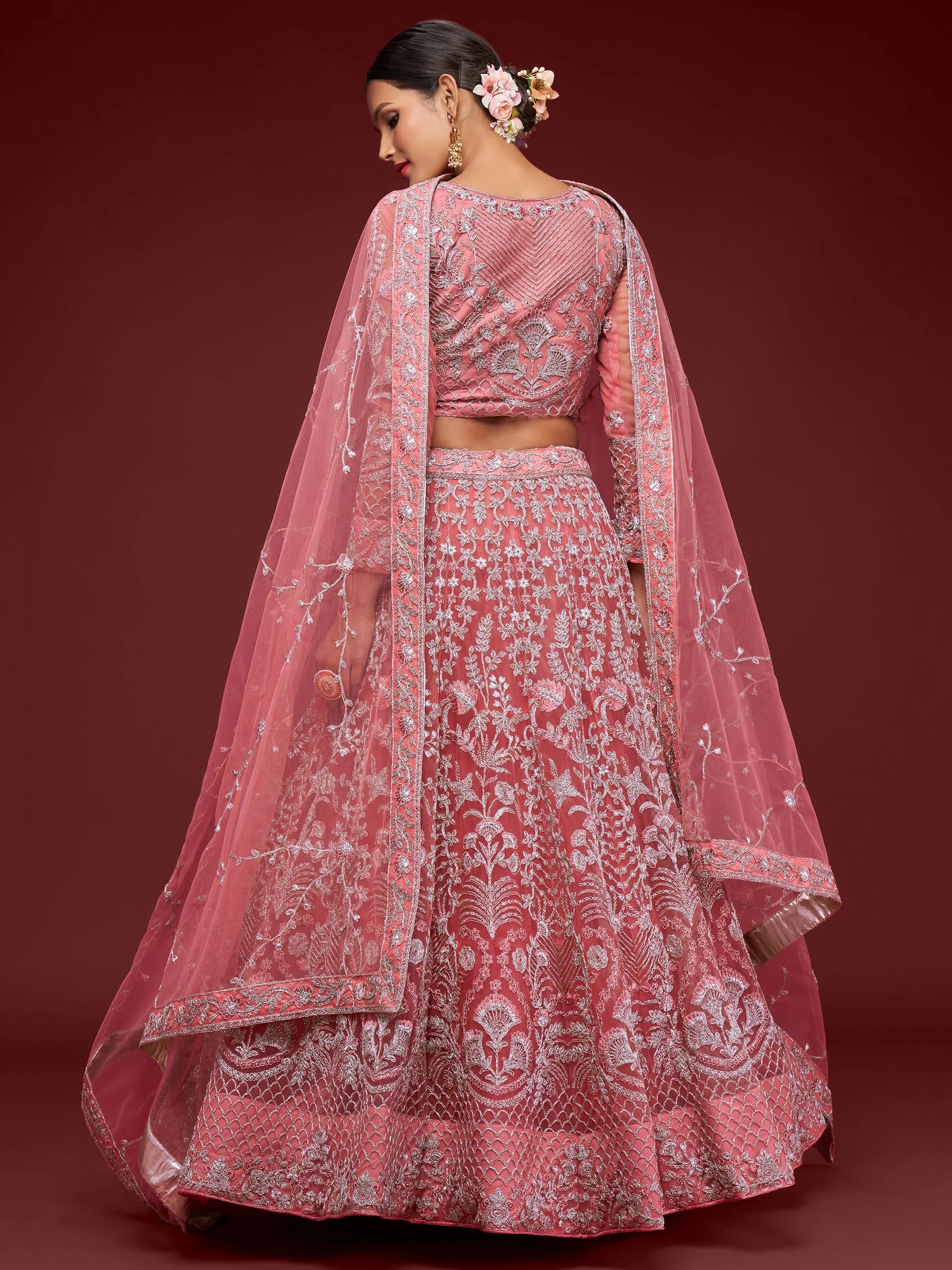 Gorgeous Pink Embroidered Net Reception Wear Plus Size Lehenga Choli