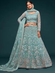 Attractive Aqua Blue Embroidered Soft Net Occasion Wear Lehenga Choli