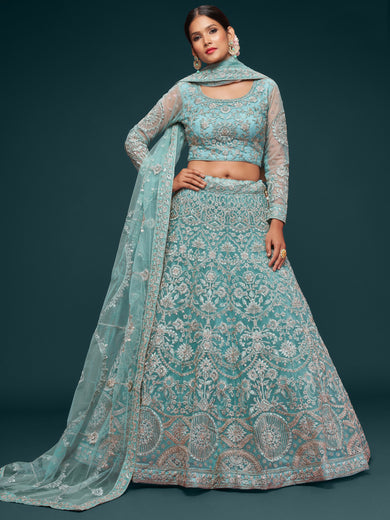 Attractive Aqua Blue Embroidered Soft Net Occasion Wear Lehenga Choli