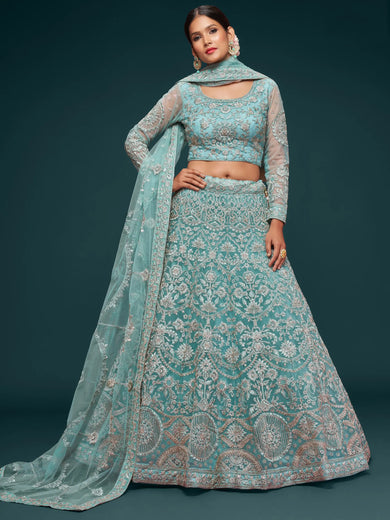 Attractive Aqua Blue Embroidered Soft Net Occasion Wear Lehenga Choli