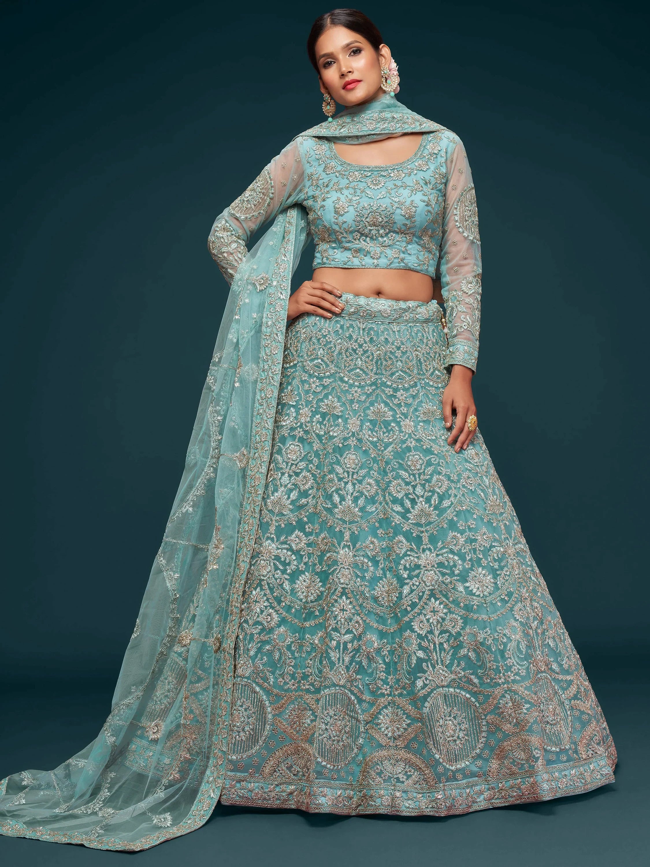 Graceful Sky Blue Embroidered Net Party Wear Plus Size Lehenga Choli