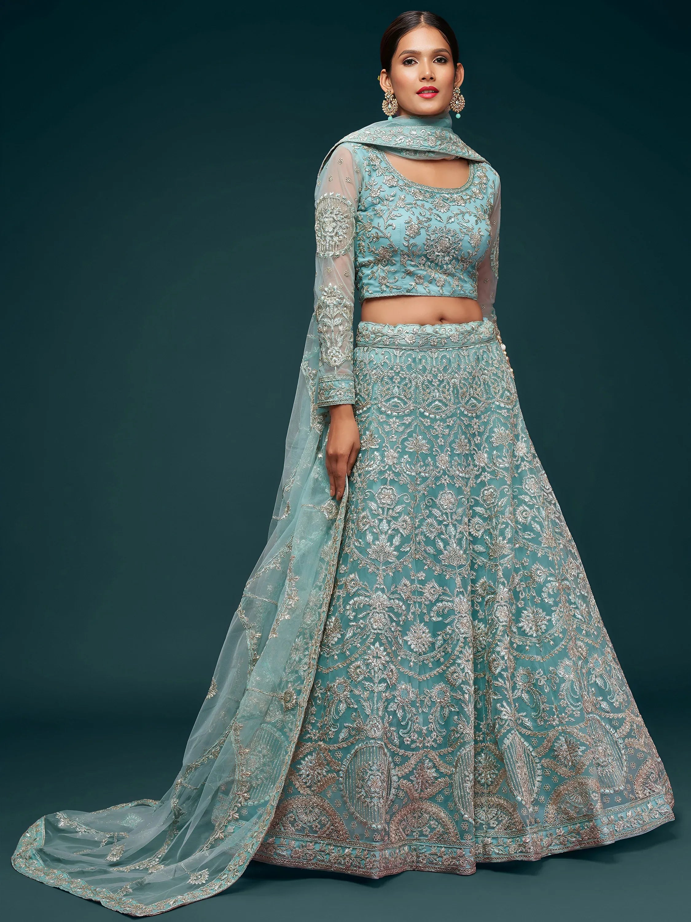 Attractive Aqua Blue Embroidered Soft Net Occasion Wear Lehenga Choli