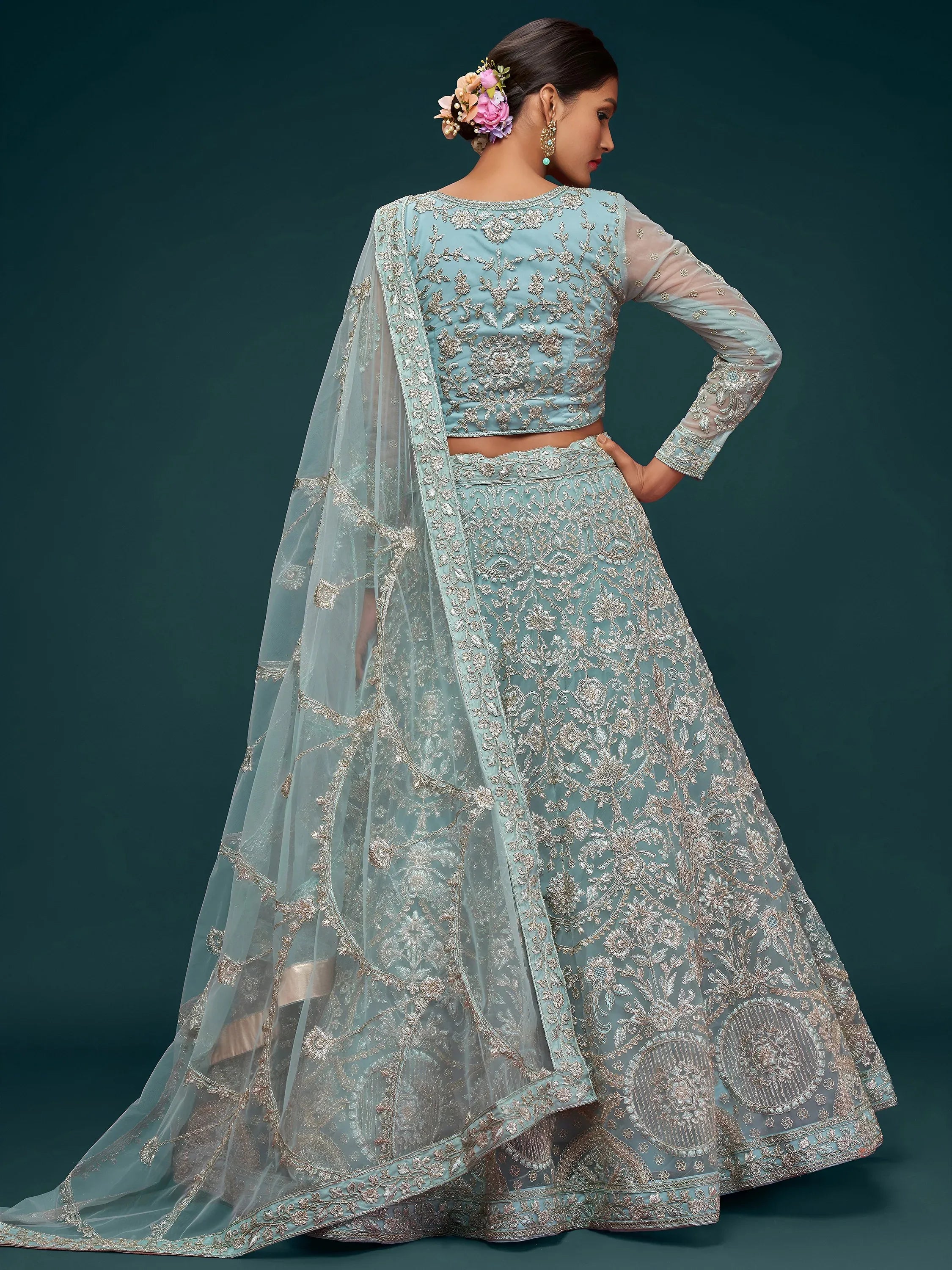 Graceful Sky Blue Embroidered Net Party Wear Plus Size Lehenga Choli